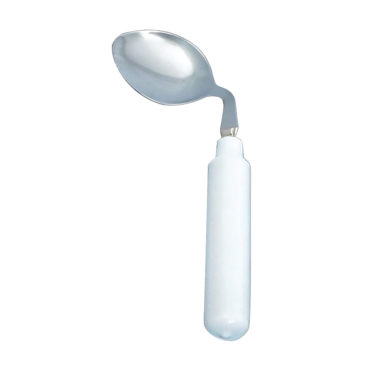 The Grip-Tight Angled Utensil is a spoon with an angled metal head and a large white ergonomic handle for easy gripping.