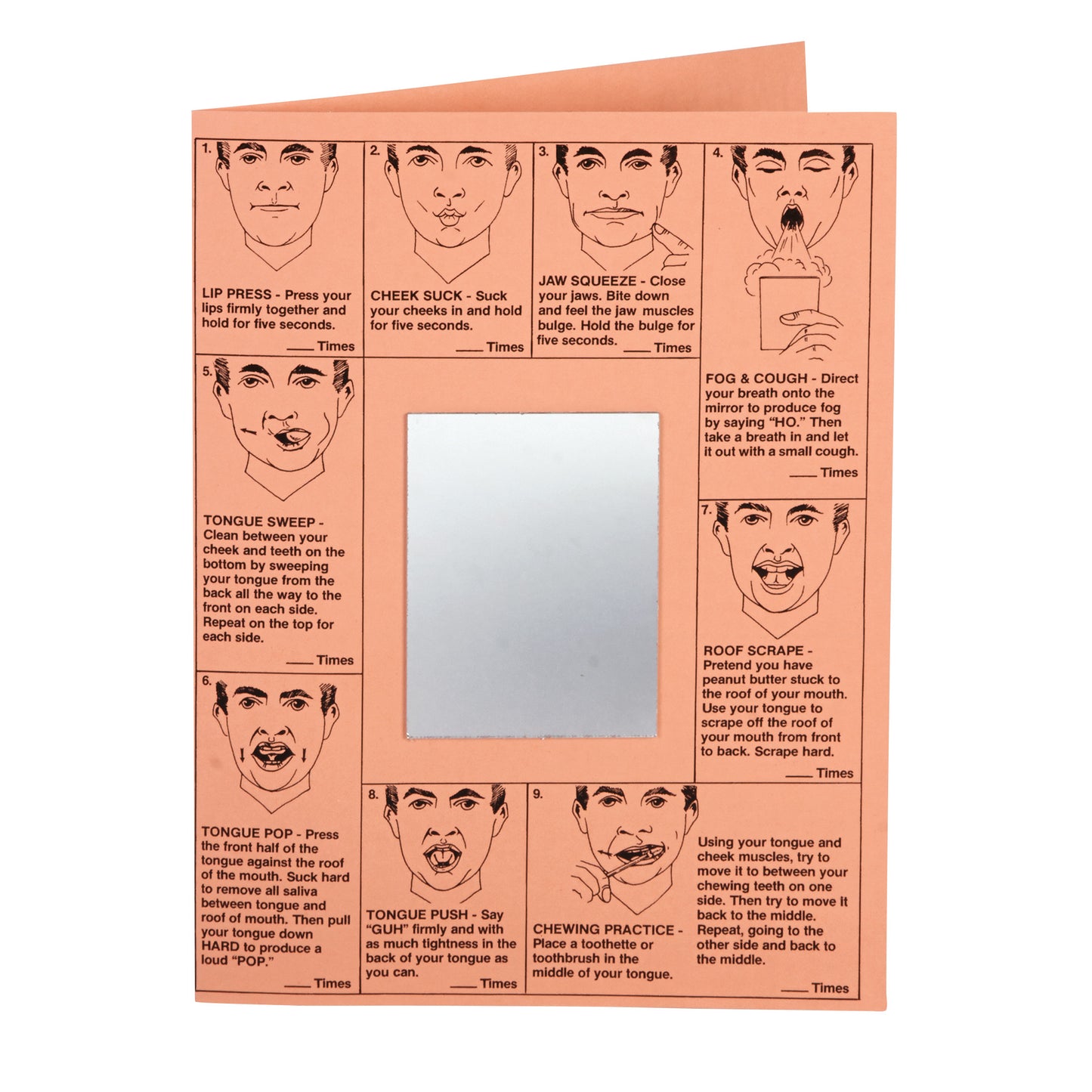 AliMed Swallowing Images Chart features facial illustrations for swallowing exercises on an orange card with a central mirror.