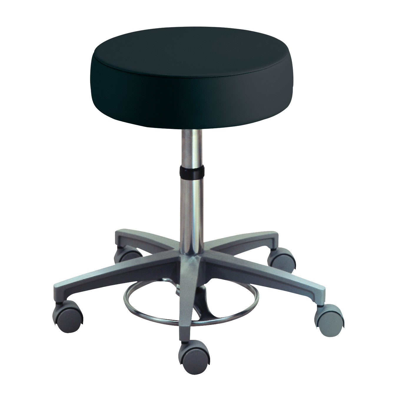 Brewer Foot-Operated Millenium Series Stool with a round black seat, adjustable height, and a five-wheel base for mobility.