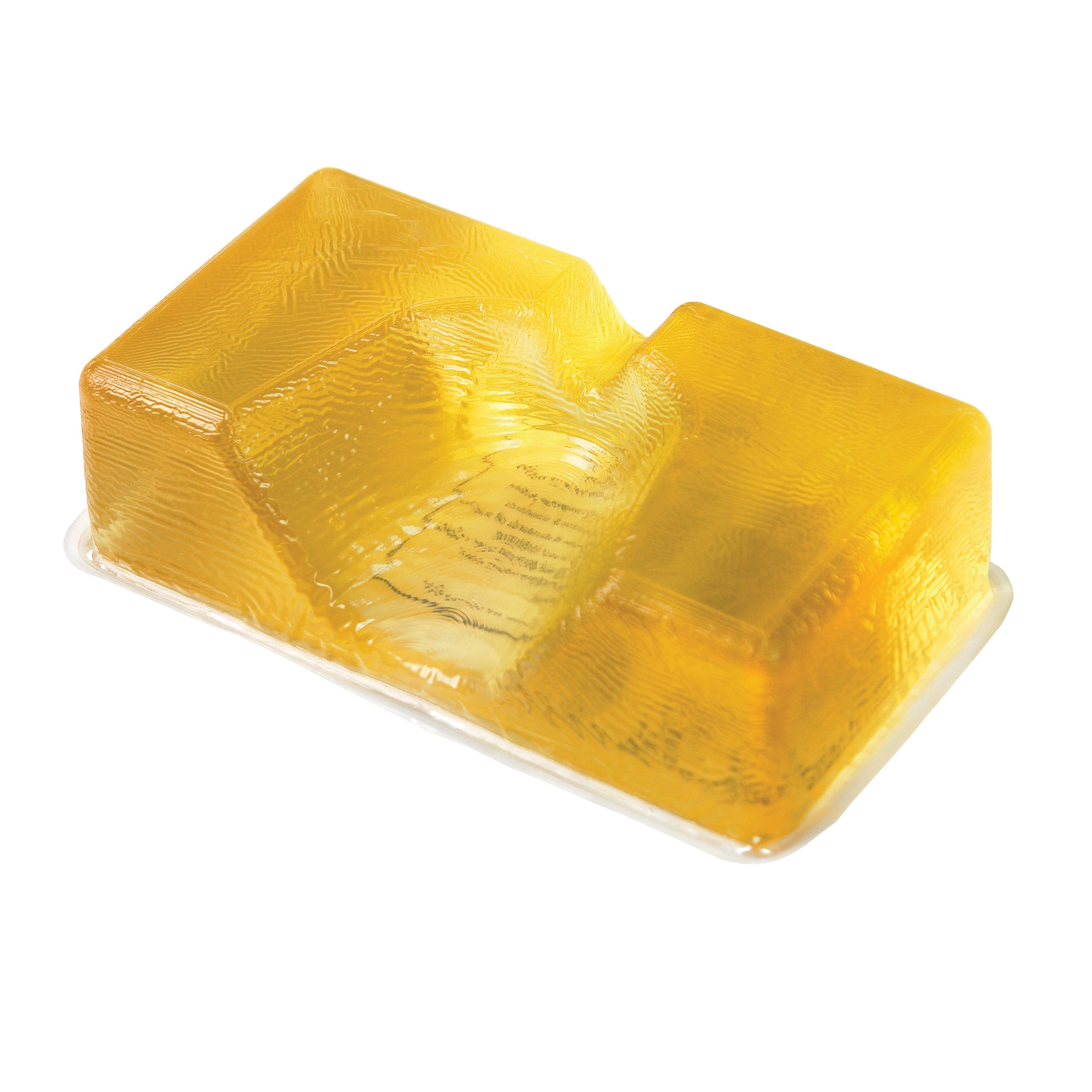 AliMed AliGel Heel Cup in translucent yellow, designed to cradle and cushion the heel, shown on a flat surface.