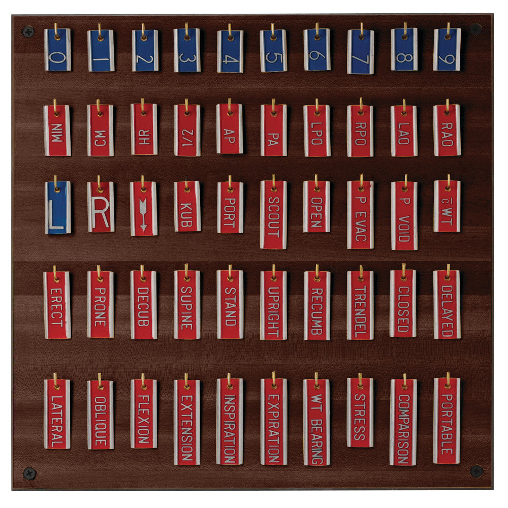 General X-Ray Marker Set on a wooden board features blue and red tags numbered 0-9 and labeled with radiology terms and positions.