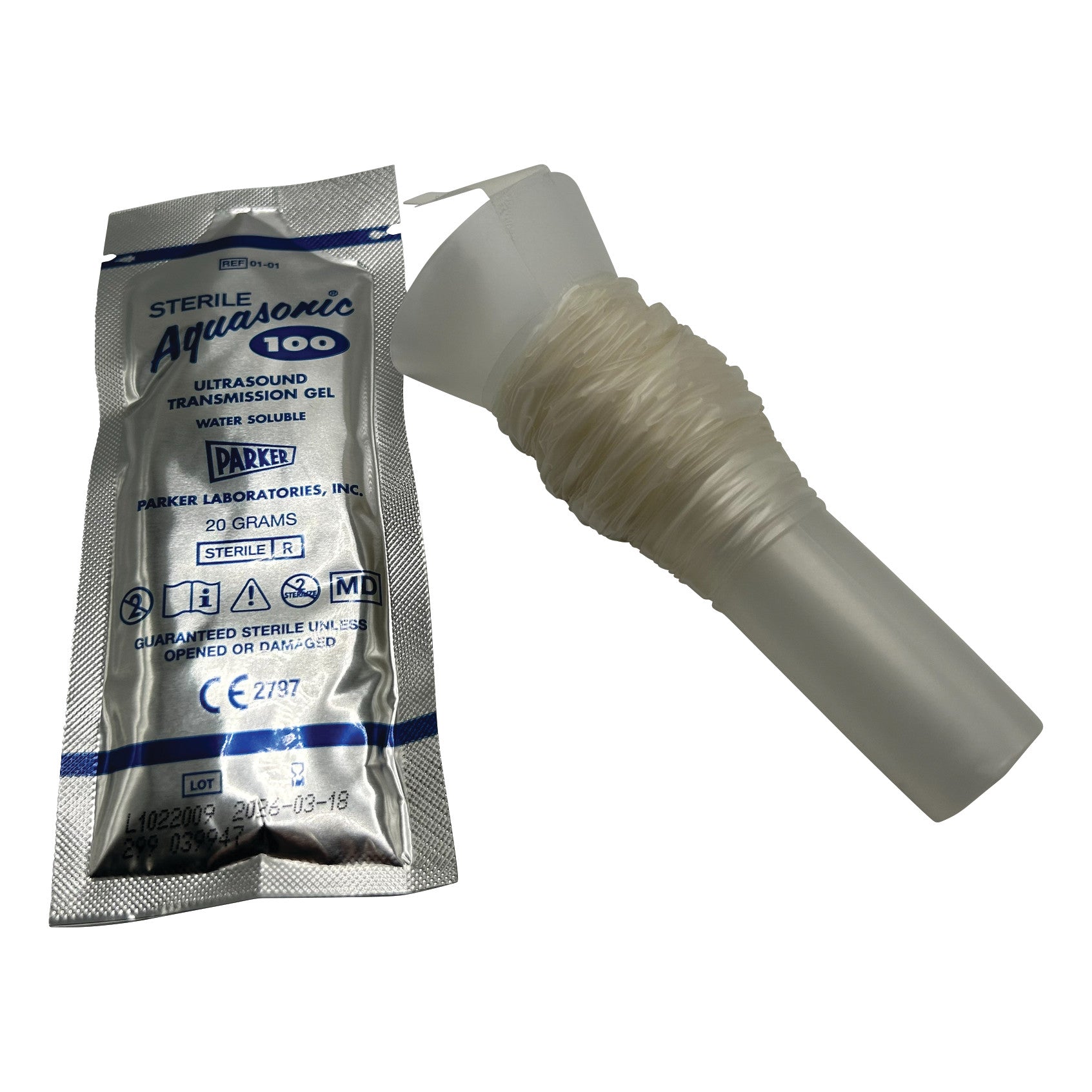 CIVCO CIV-Flex Transesophageal Echocardiography (TEE) Probe Cover Kit with a sterile Aquasonic 100 ultrasound transmission gel pouch.