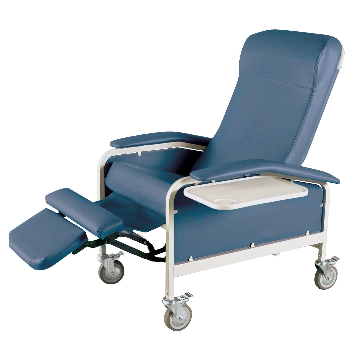 Winco Drop Arm Care Cliner, a blue reclining medical chair on wheels with adjustable leg rests and drop-down armrests.