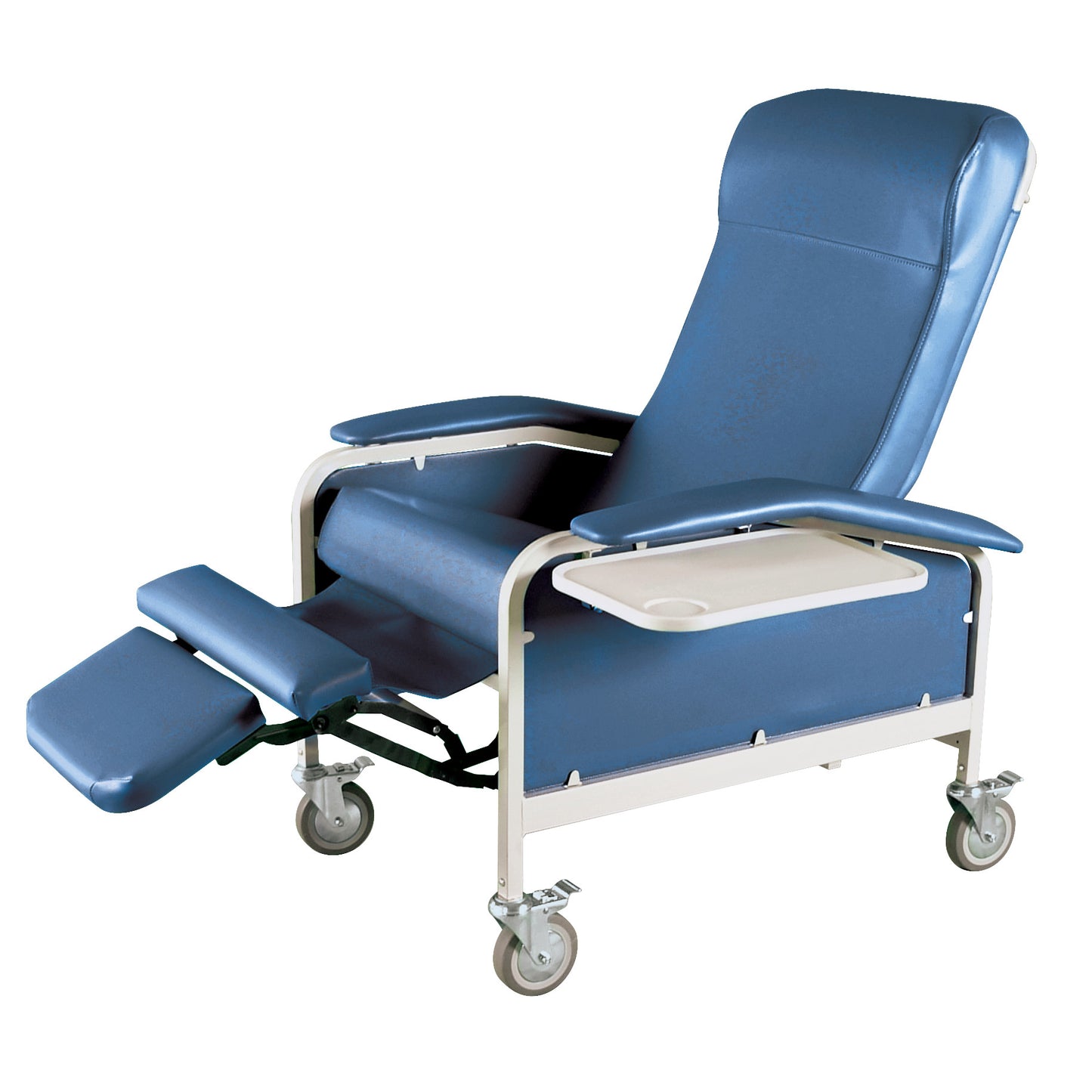 Winco Drop Arm Care Cliner with blue upholstery, adjustable headrest and footrest, drop-down arm, tray, and four caster wheels.