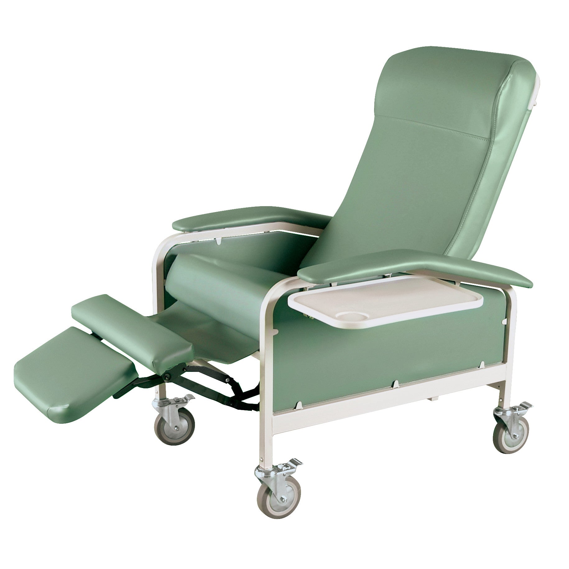 Winco Drop Arm Care Cliner in green with foldable leg rest, drop-down arms, and attached tray, featuring wheels for mobility.