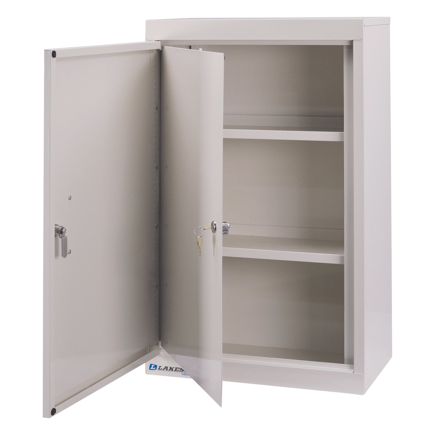 The Lakeside Double-Lock Narcotics Box is a beige metal cabinet with two shelves and an open door with keys in the lock.