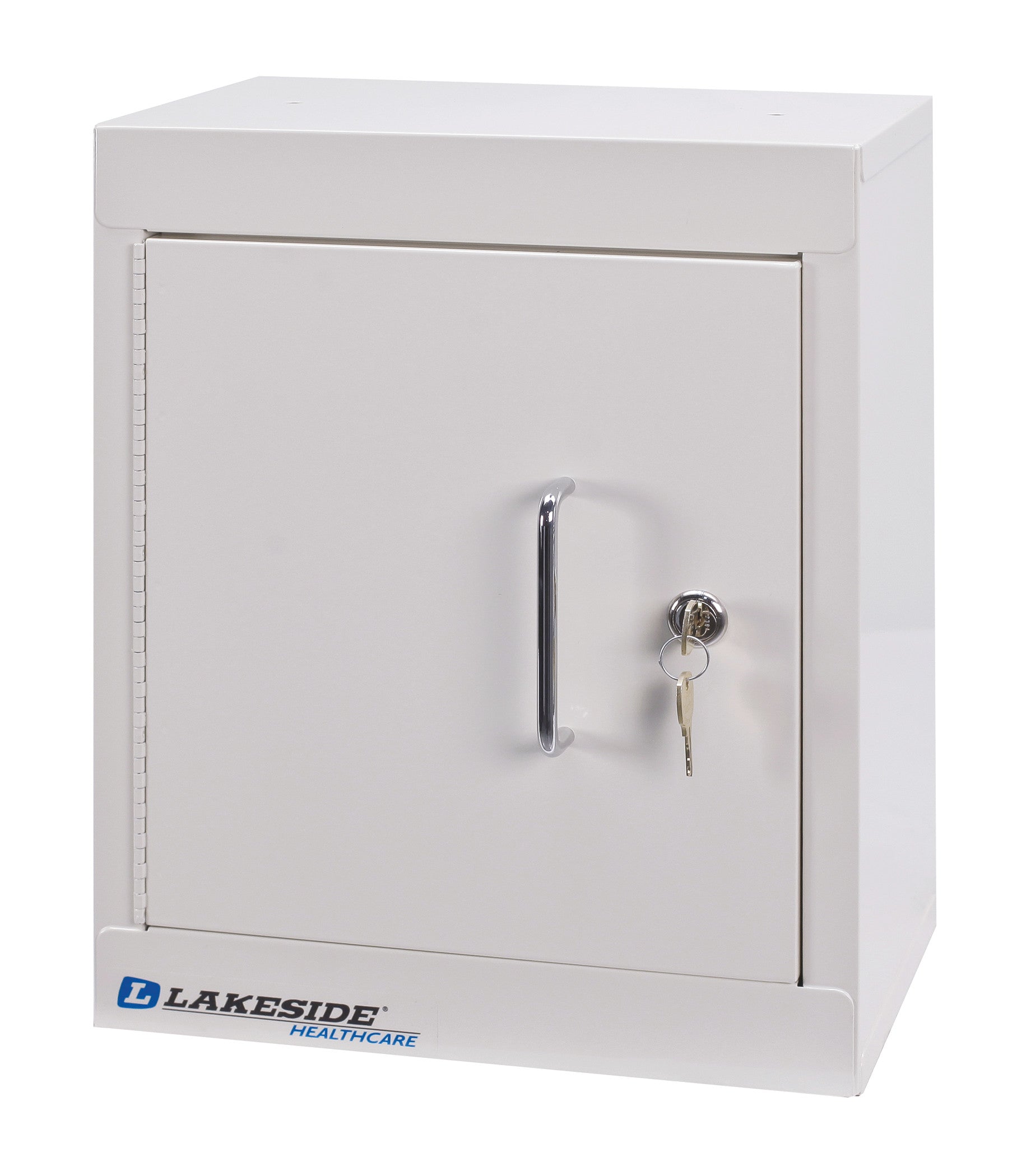 A white Lakeside Double-Lock Narcotics Box with a handle and a keyhole, featuring a key. The brand logo is at the bottom.