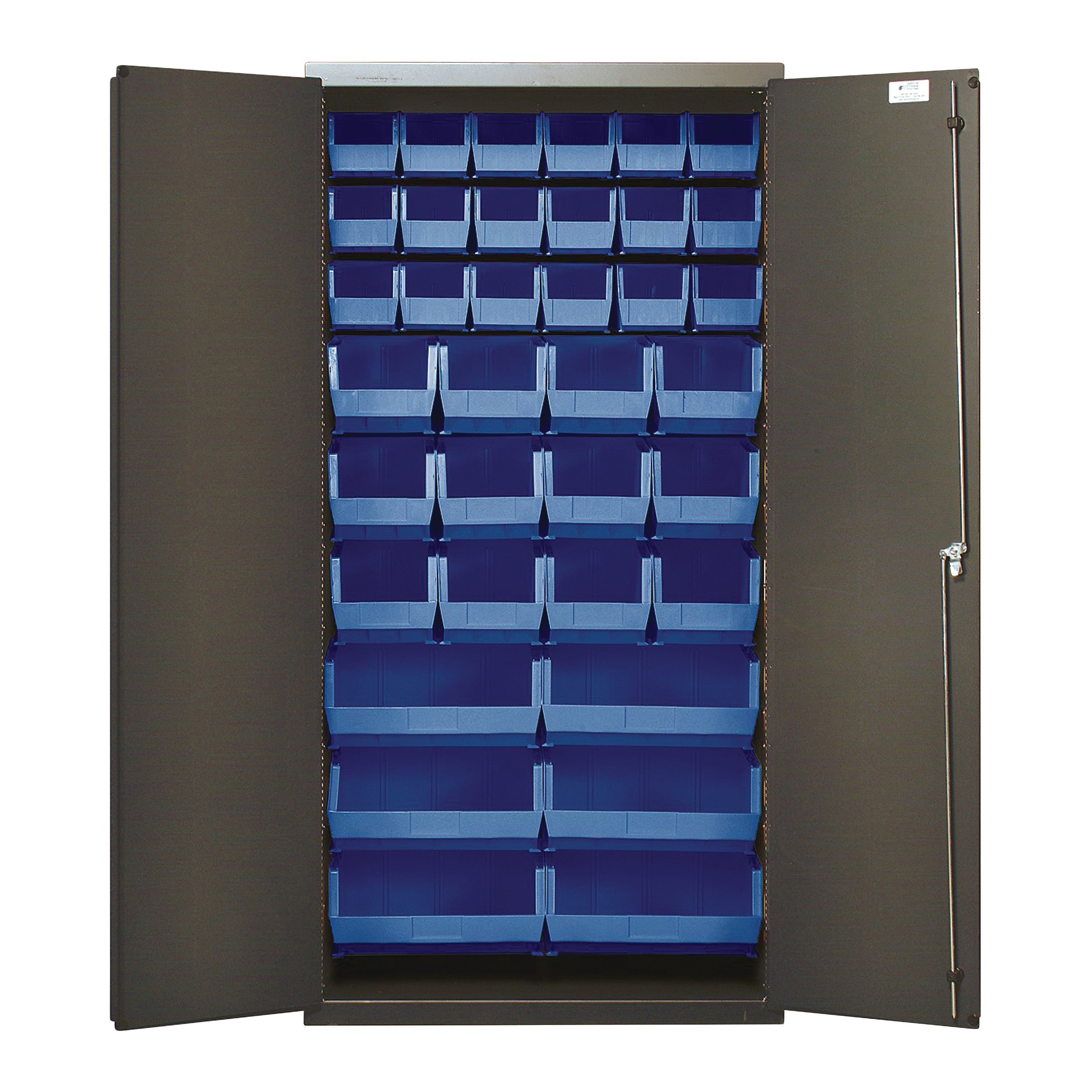 Quantum All-Welded Bin Storage Cabinet with Bins features an open door revealing multiple rows of blue storage bins inside.