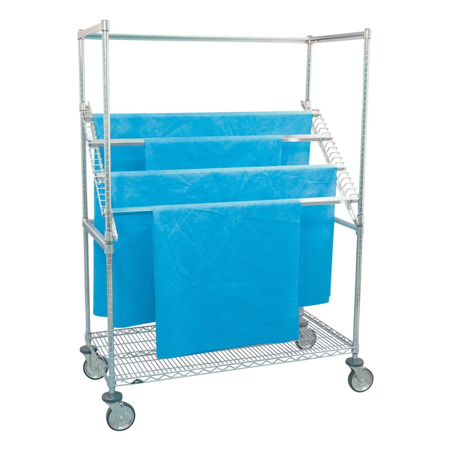 Metro High Profile Sterile Wrap Rack with several blue sterile wraps, featuring a metal frame with wheels for mobility.