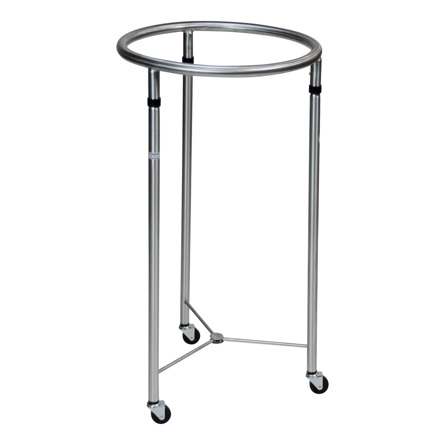 Blickman Open Round Hamper with a metal frame, circular top, and three legs on wheels, designed for holding laundry bags.