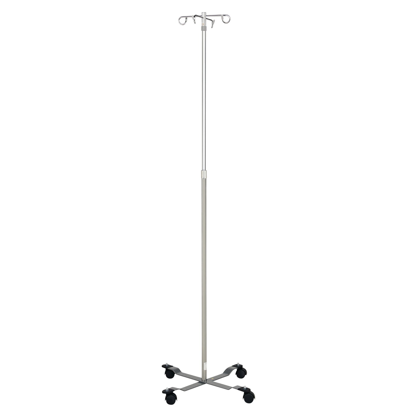 Blickman Four-Leg Chrome IV Stand with Standard Base featuring four hooks and wheels for mobility.