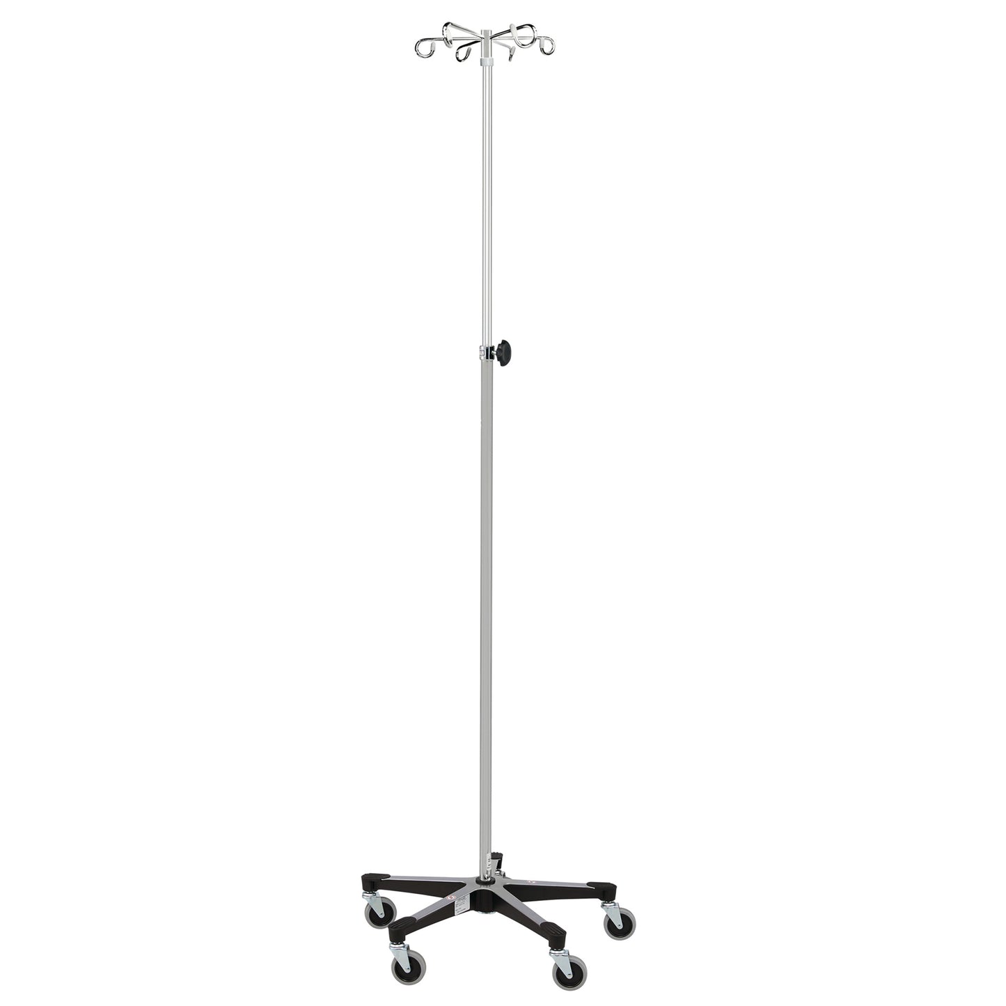 A Blickman Five-Leg Chrome IV Stand with four hooks, adjustable height, and wheels on a five-legged base for mobility.