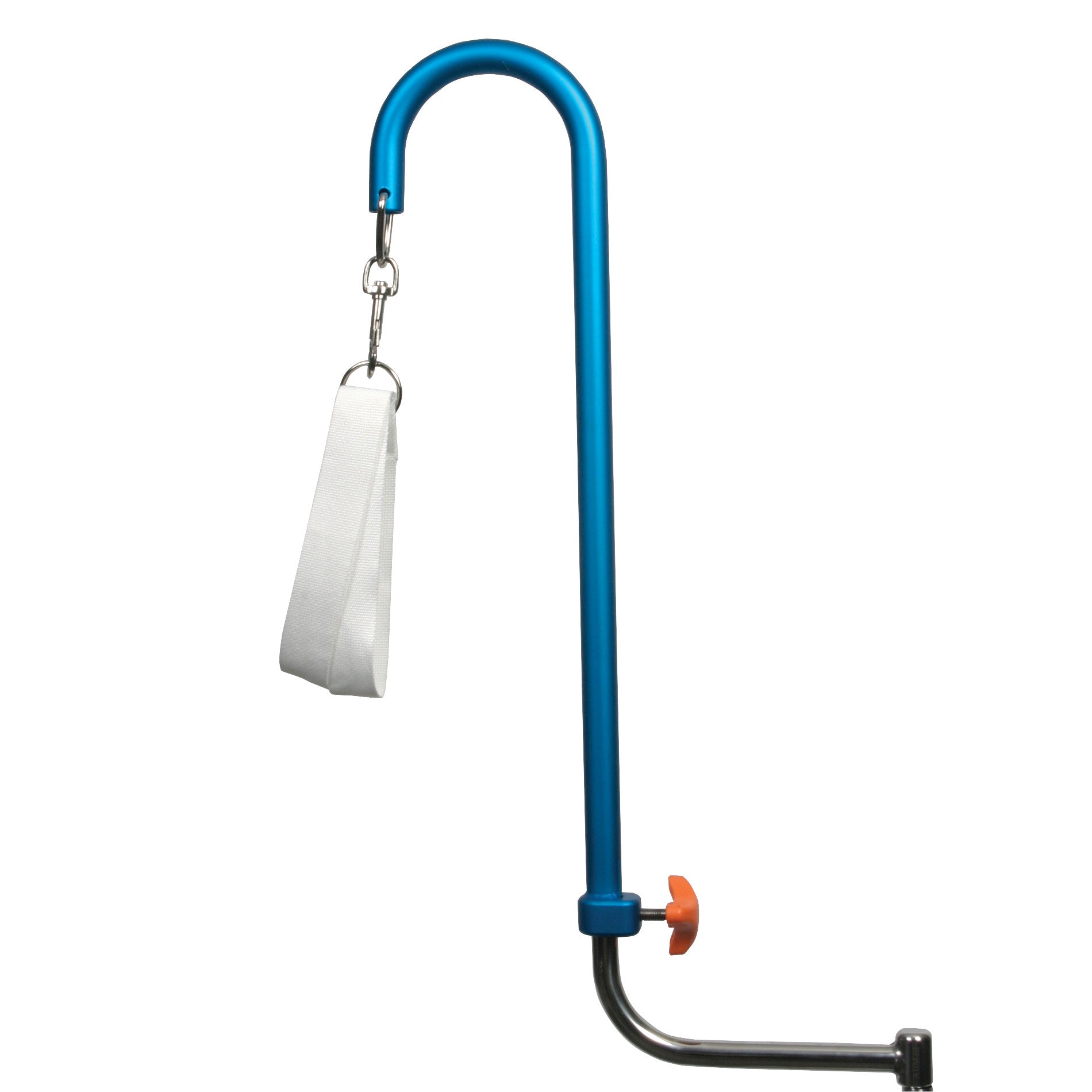 AliMed Lithotomy Holder with Strap, featuring a blue metal frame with a white strap and an adjustable orange knob for securing.