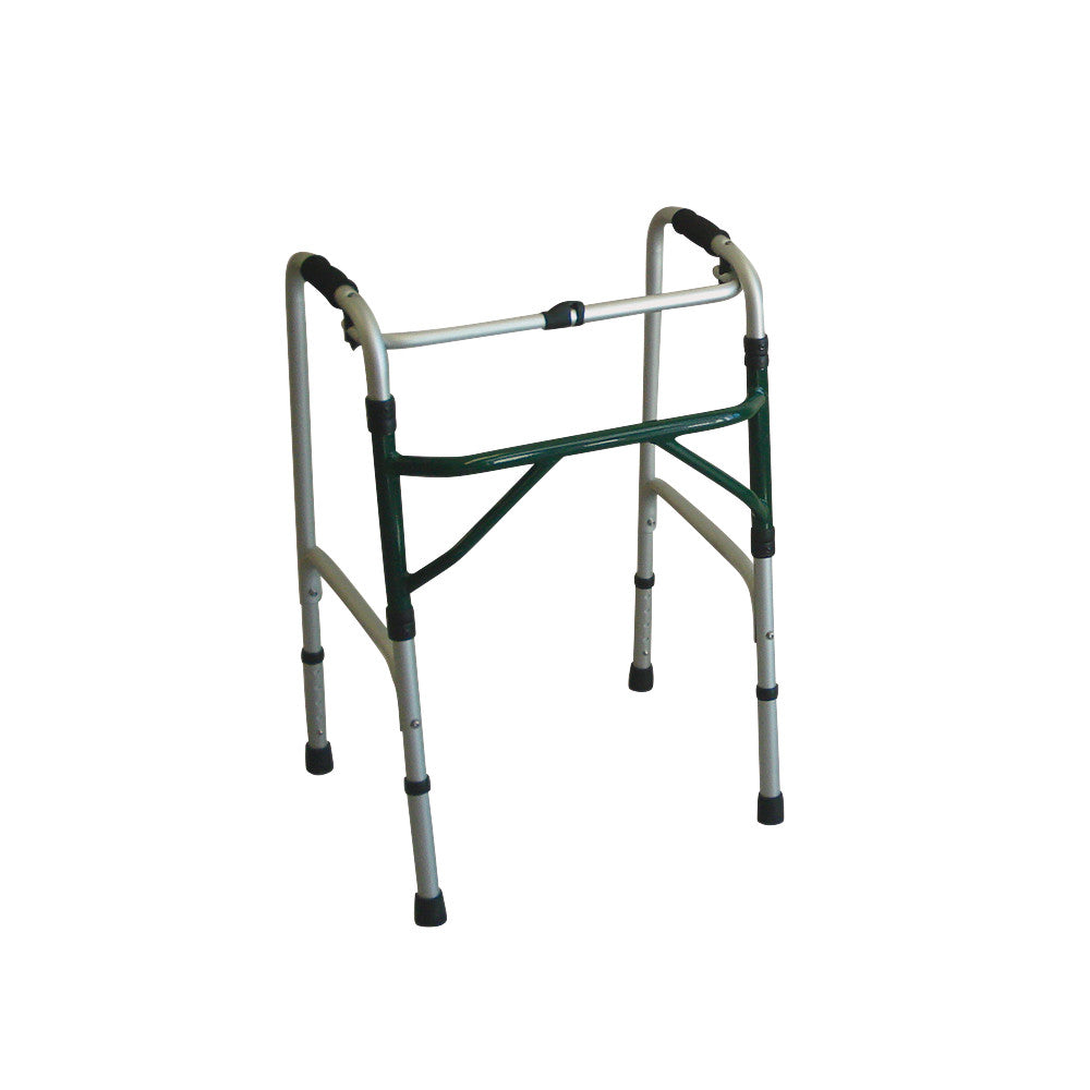 A Folding Adjustable-Height Walker with a lightweight metal frame, black grips, and adjustable legs for user support and mobility.