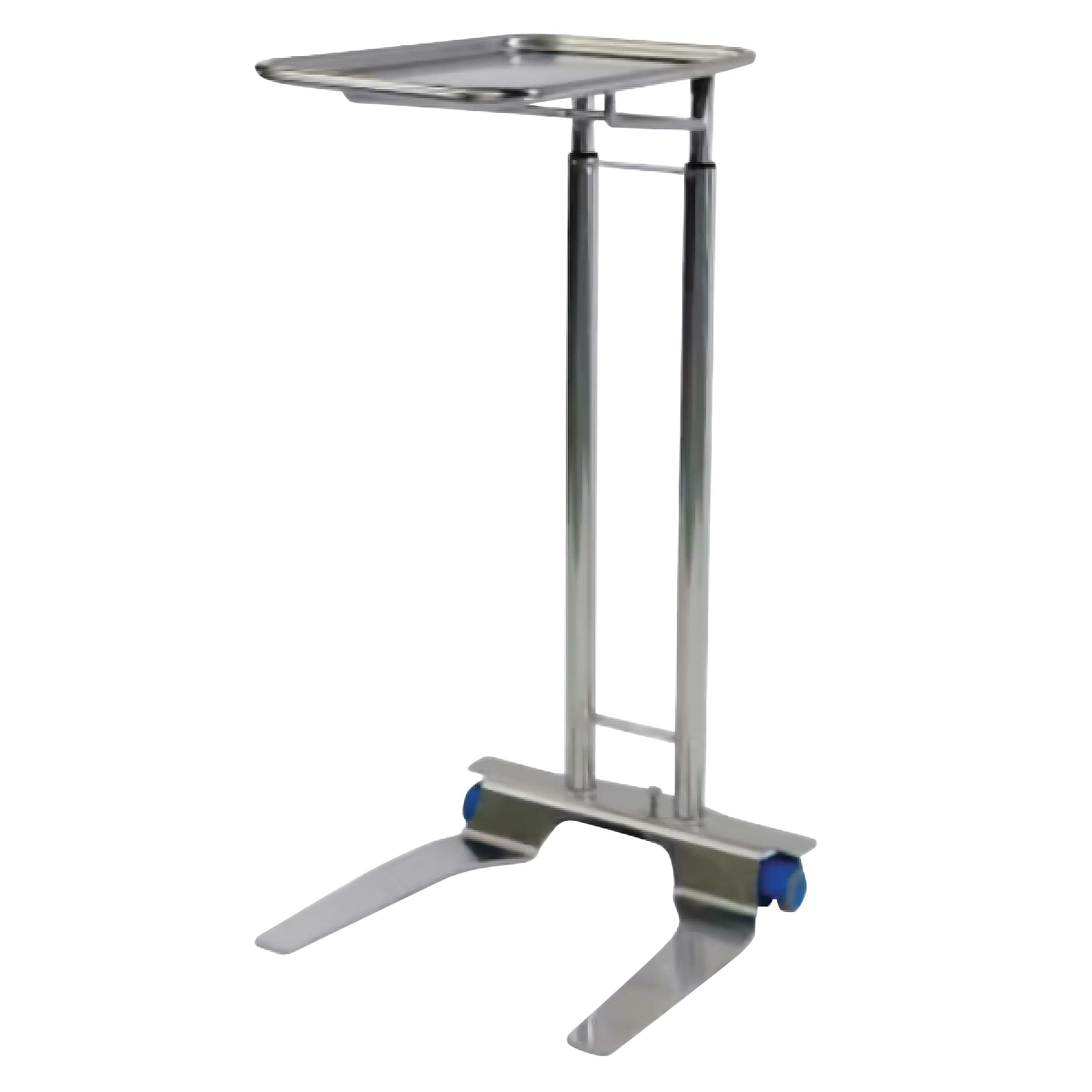 The Pedigo Double-Post Mayo Stand features a stainless steel tray supported by dual posts, mounted on a wheeled base for mobility.