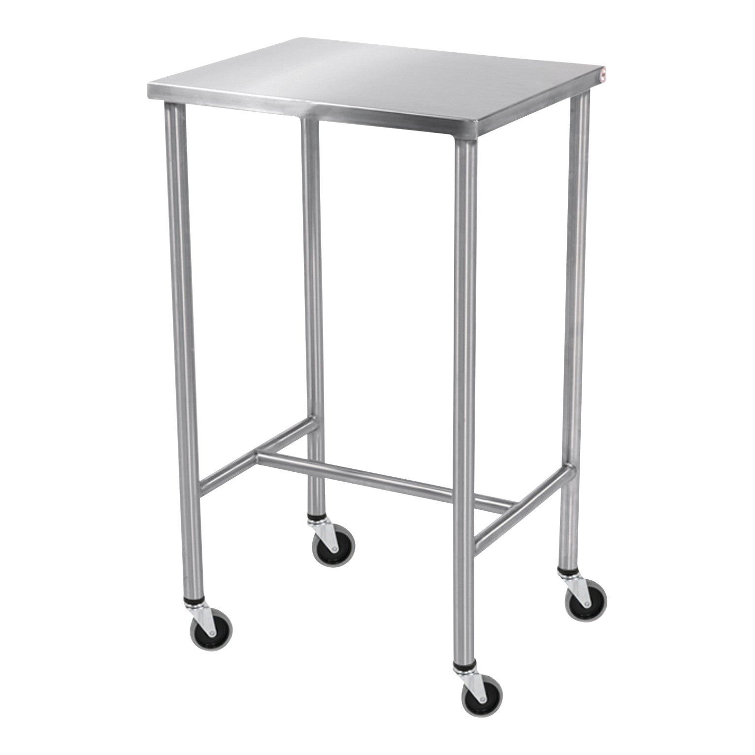 The Blickman Sawyer Instrument Table is a stainless steel table with four caster wheels, designed for medical or laboratory use.