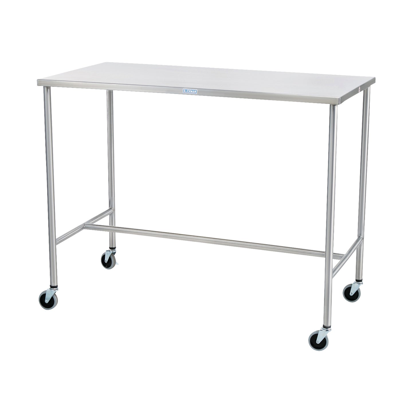 The Blickman Sawyer Instrument Table is a stainless steel mobile table with four wheels, designed for medical or laboratory use.