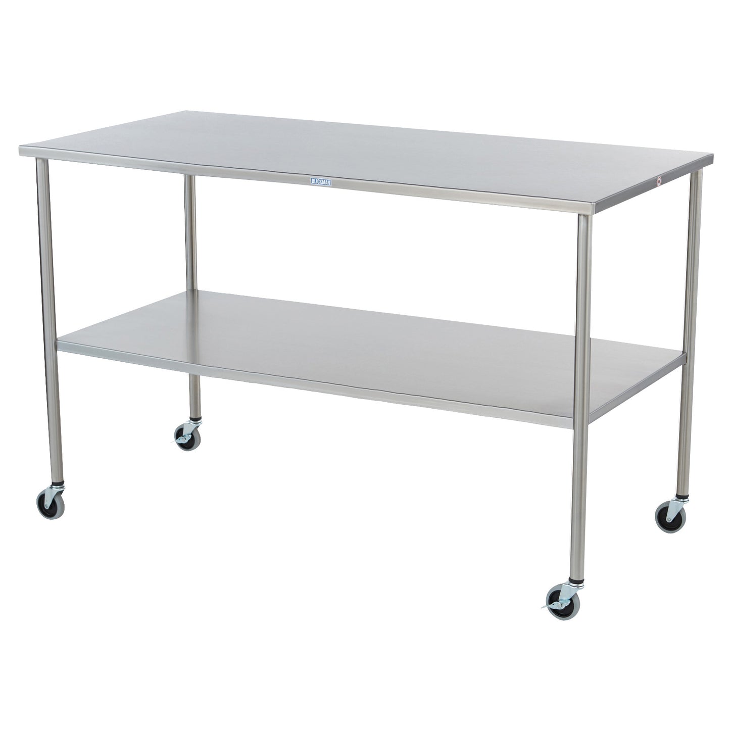 Blickman Howard Instrument Table, a stainless steel table with four wheels, features a lower shelf for storage and mobility.