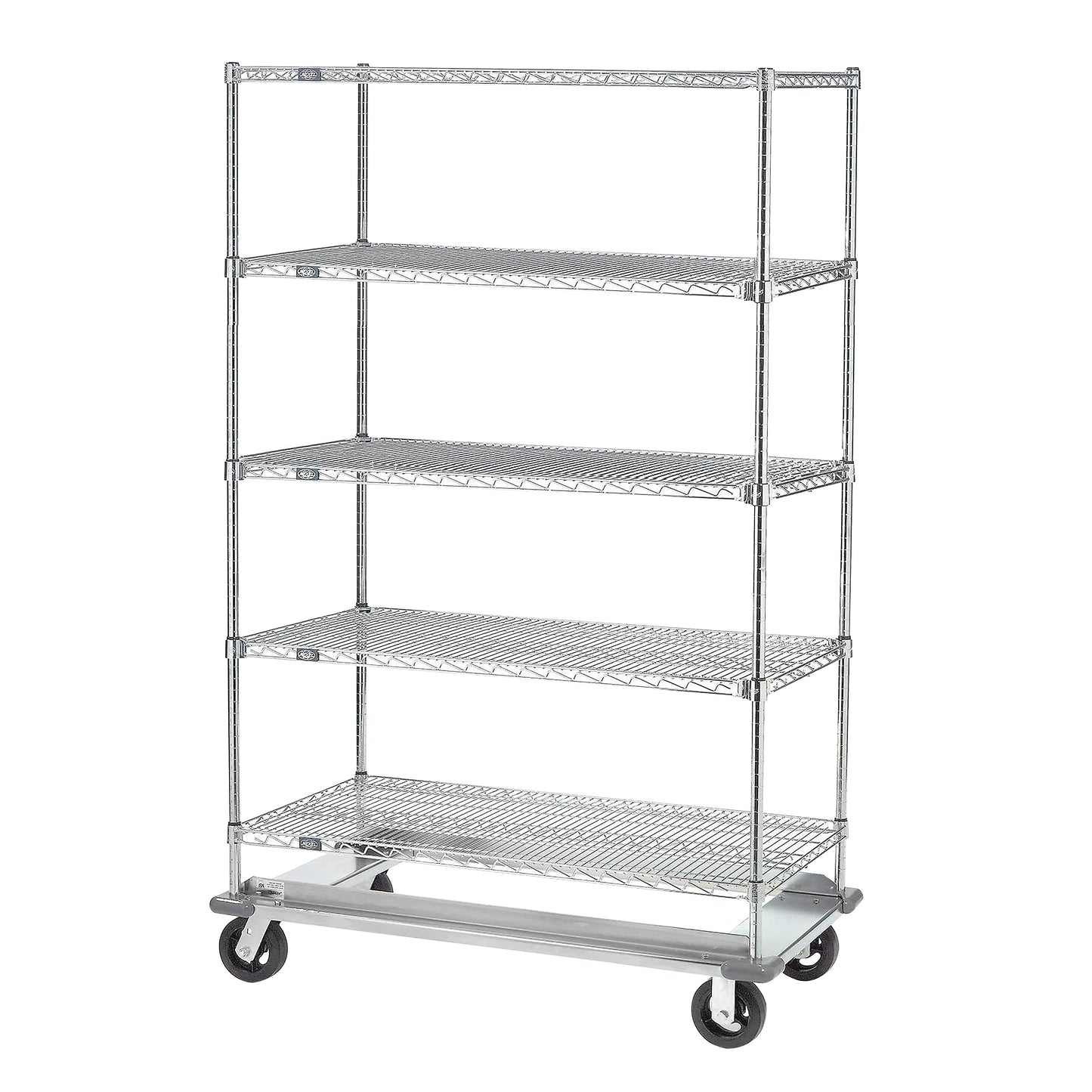 A Nexel Open Exchange and Linen Transport Truck with five wire shelves and four wheels for storage and transportation.