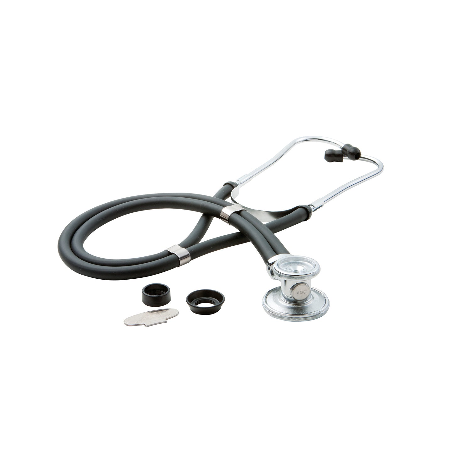 ADC Adscope 641 Sprague Stethoscope with black tubing is shown with components including a chest piece and spare eartips.