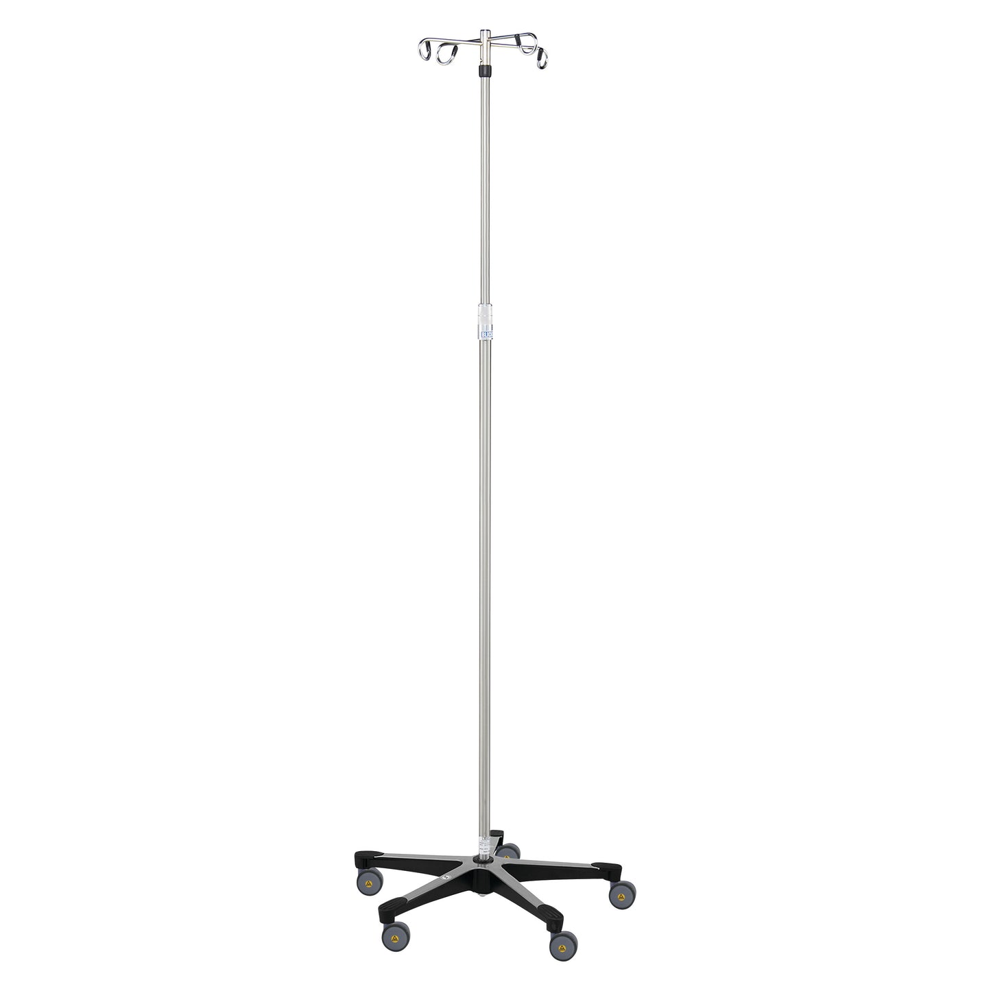 Blickman MR-Conditional Five-Leg IV Stand with casters, adjustable height, and multiple hooks for hanging medical IV bags.