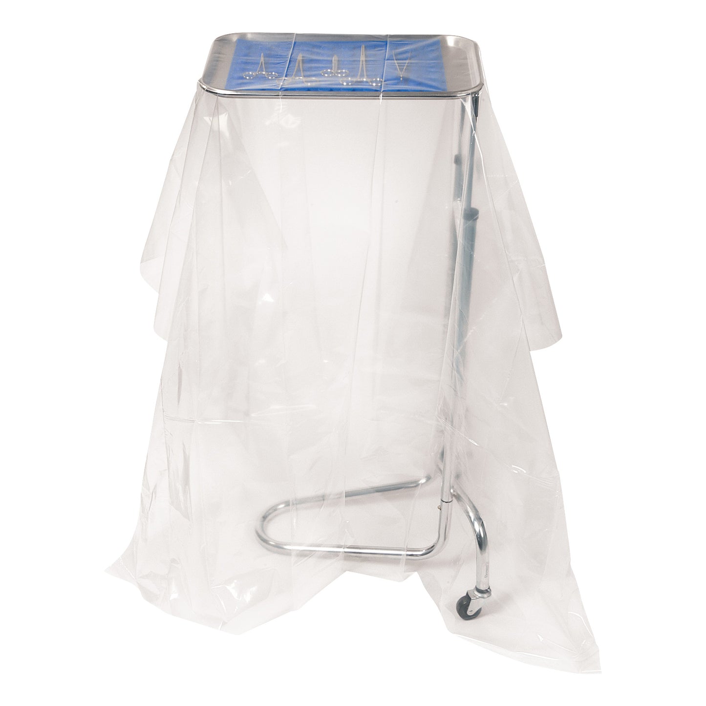Sterile Set-Up Drape covers a metal table with a clear plastic sheet, featuring a wheeled base and blue top surface.