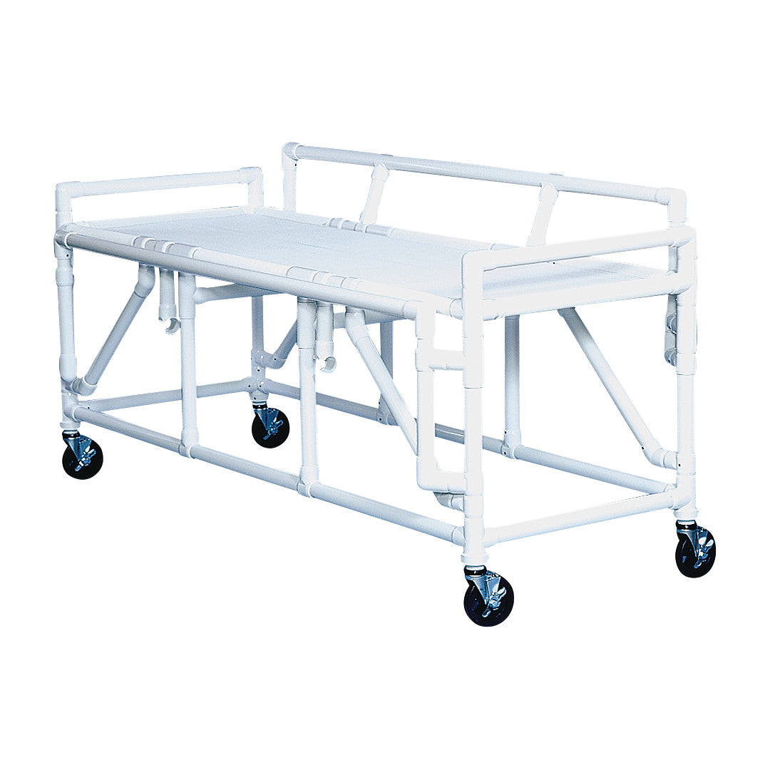 The image displays an IPU MRI Stretcher made of white PVC piping with side rails and black caster wheels on each corner.