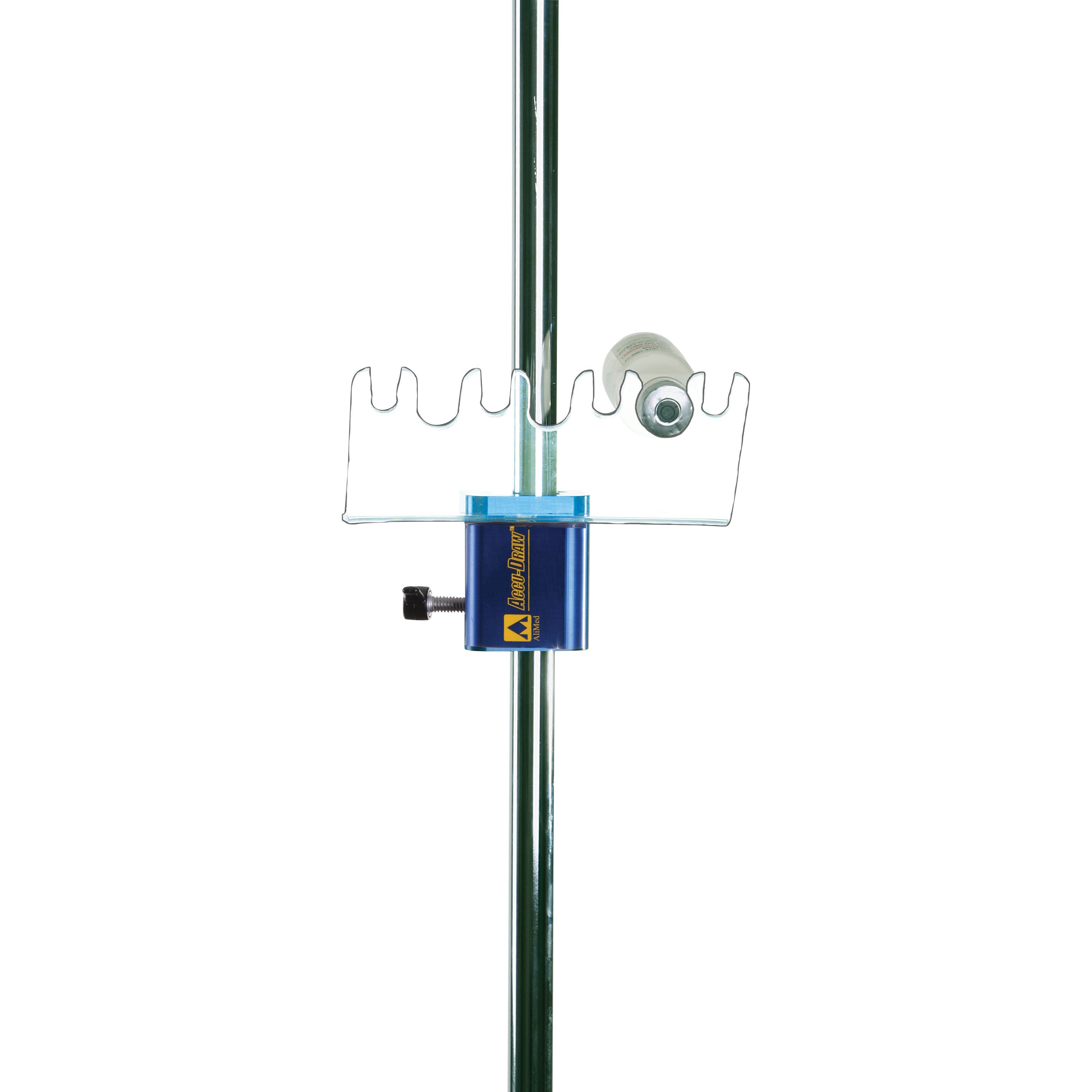 The AliMed ACCU-DRAW Vial Holder is attached to a vertical pole, featuring a blue clamp and a clear wavy-edged support shelf.