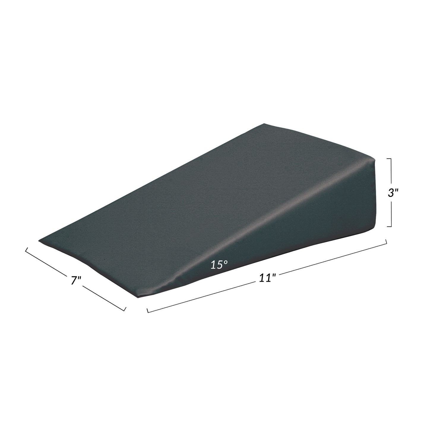 AliMed Vinyl-Covered 15 Degree Small Wedge Positioner, 11"x7"x3", is a dark wedge pillow angled at 15 degrees.