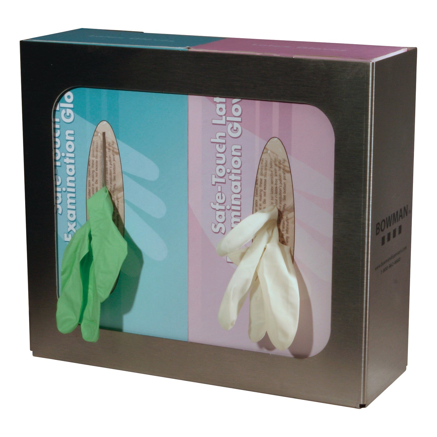 The Bowman Basic Glove Box Dispenser holds two glove boxes, one with green gloves and the other with white gloves, in a metal frame.