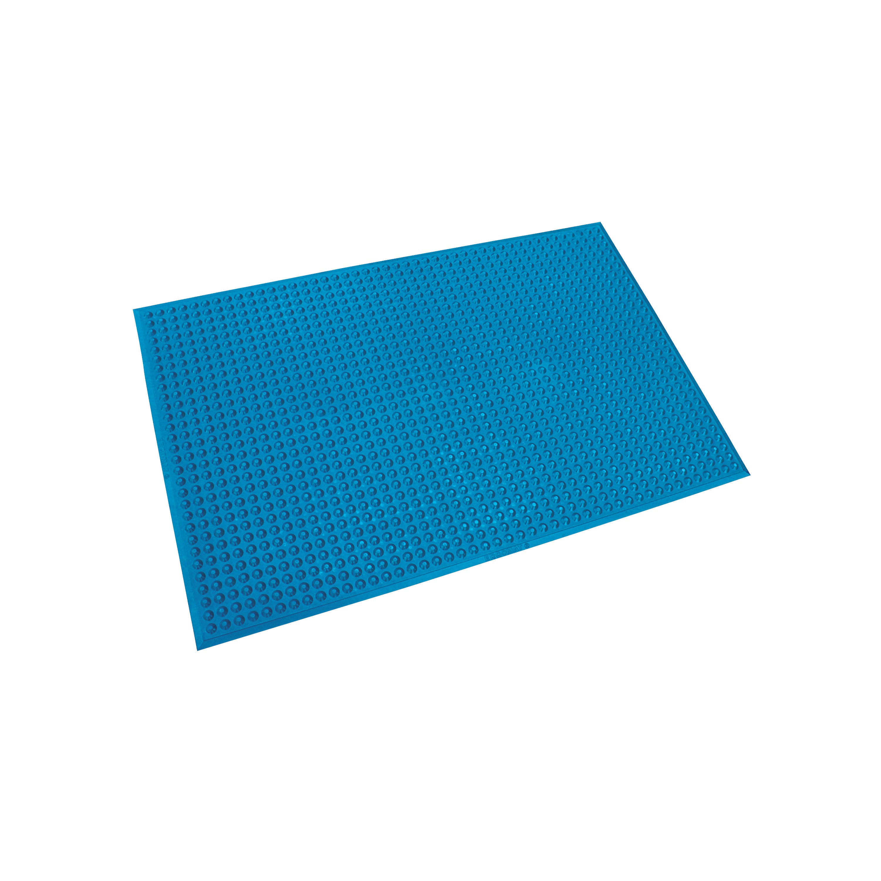 The ERGOMAT Hygiene Nitrile Floor Mat is blue, rectangular, with a textured surface and rounded, raised bumps for traction.