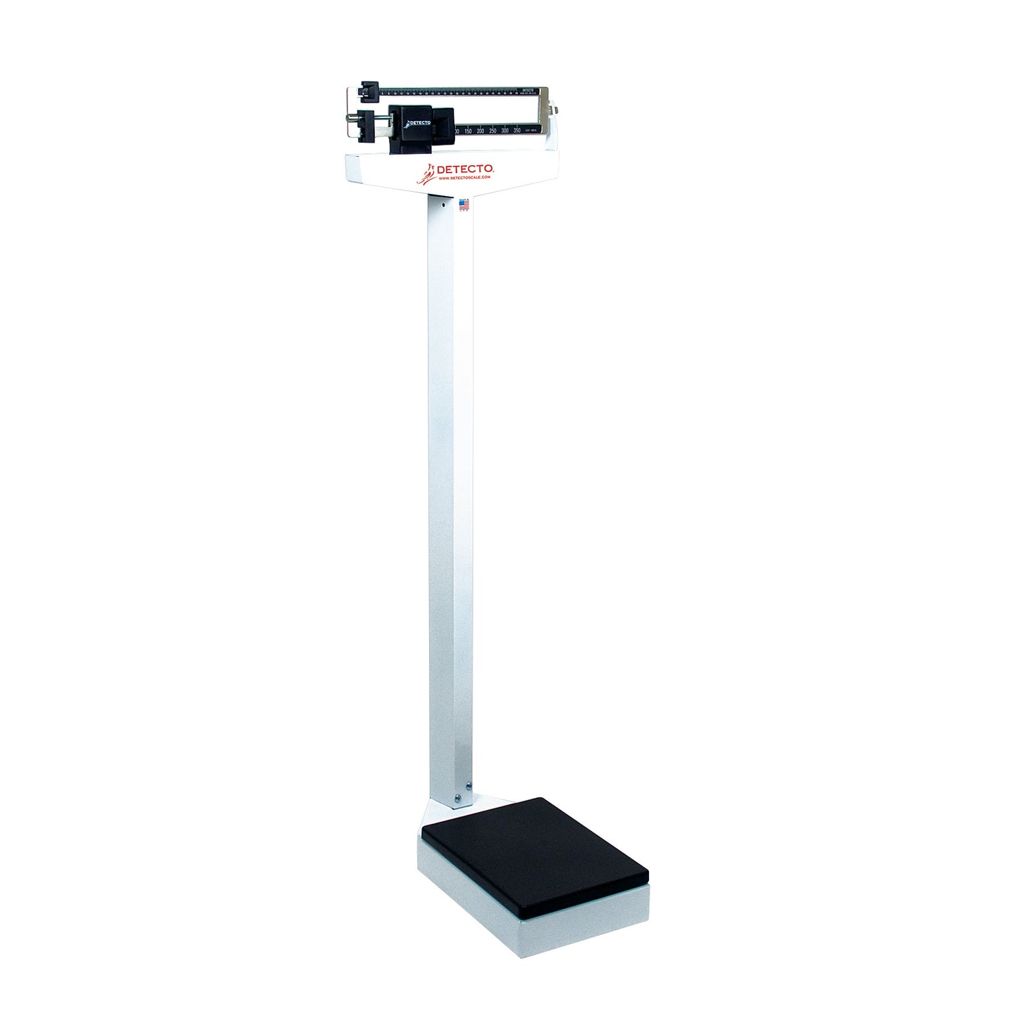 DETECTO Mechanical Balance Beam Scale with a black platform and white upright column displaying weight measurements.