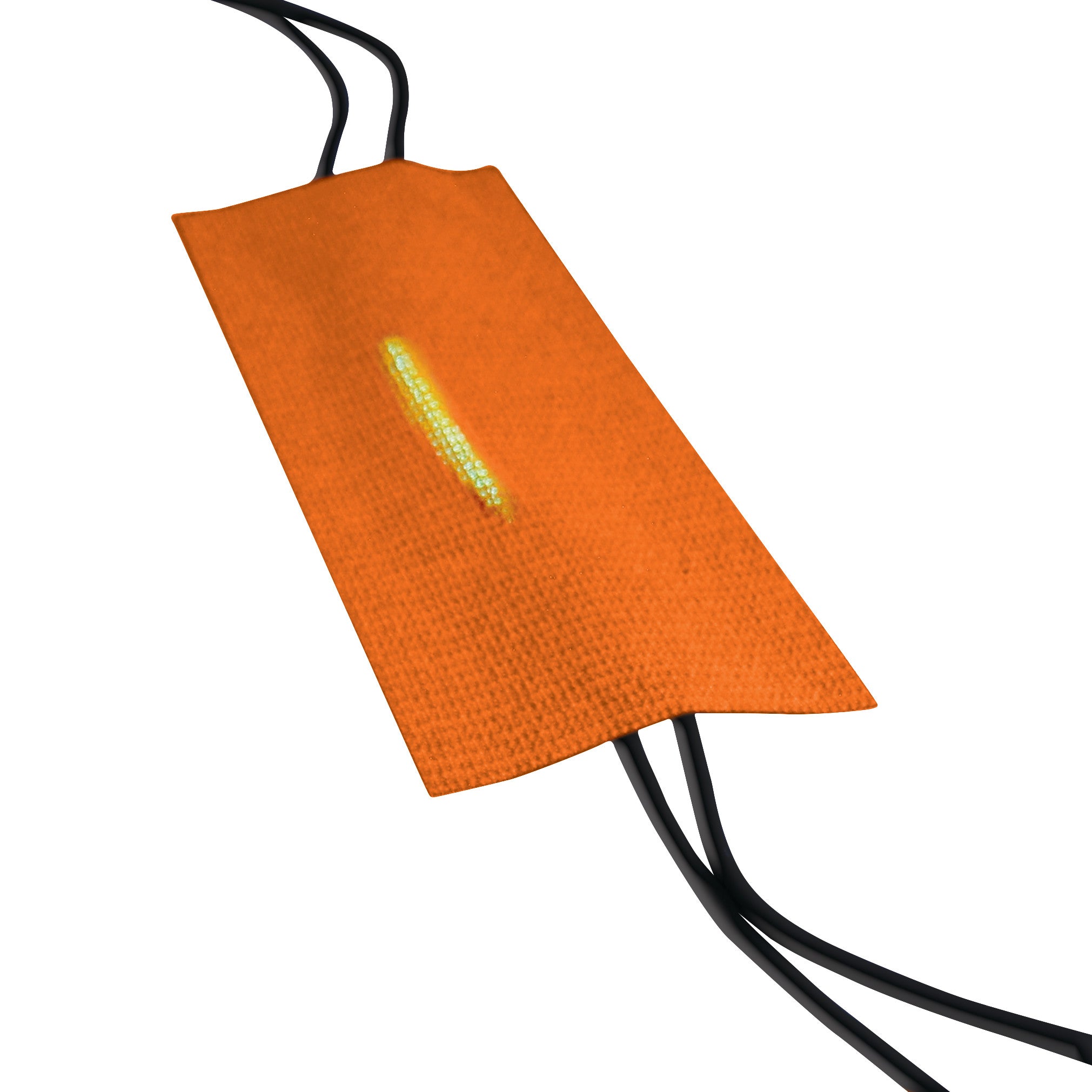 An orange SANDEL Trip-No-More Cord Alert with a reflective strip and attached black cords displayed on a white background.