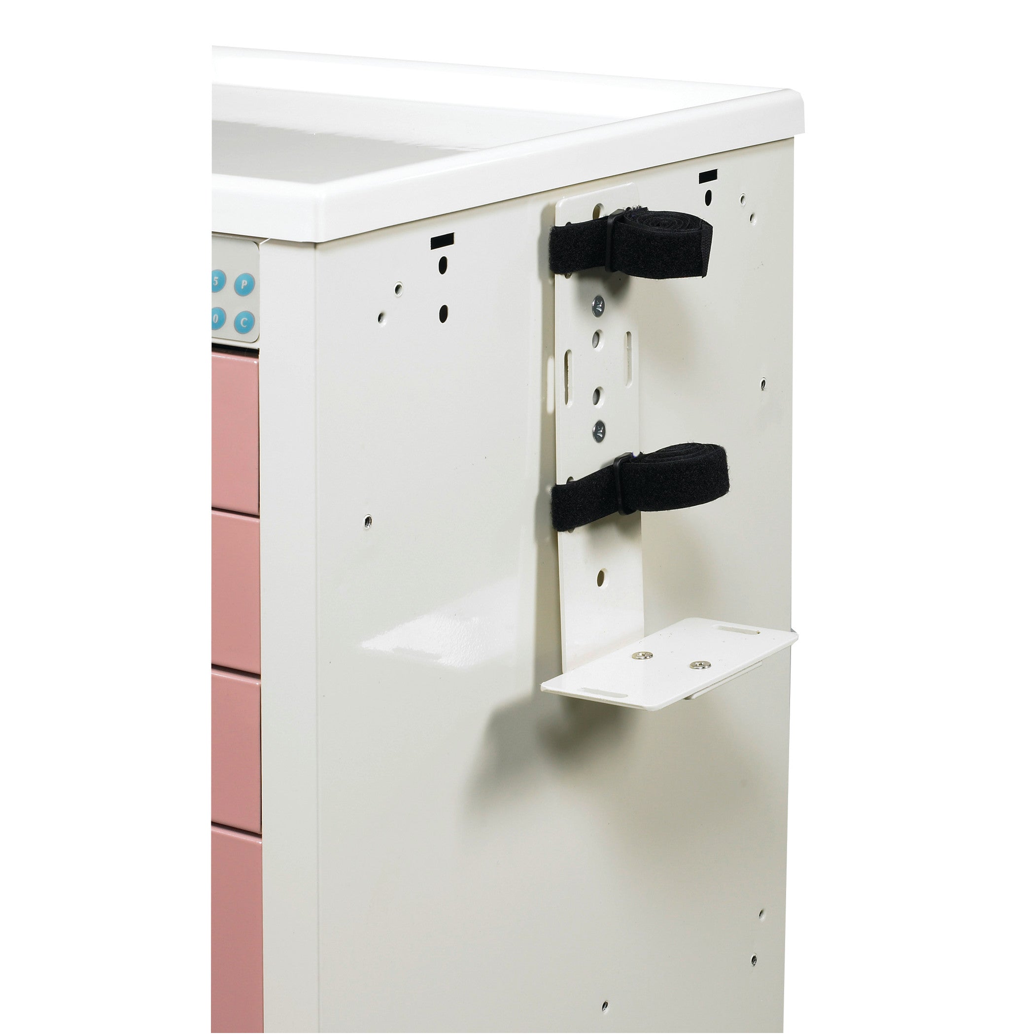 AliMed Cart Accessory: Sharps Bracket for Select/Standard/Wide Series Medical Carts with adjustable straps on a cart's side.