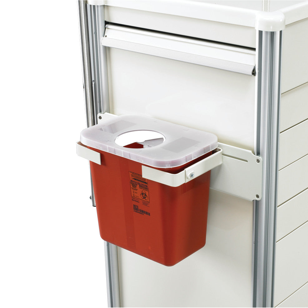 Red biohazard bin mounted on a white AliMed Cart Accessory: Sharps Bracket for Select/Standard/Wide Series Medical Carts.