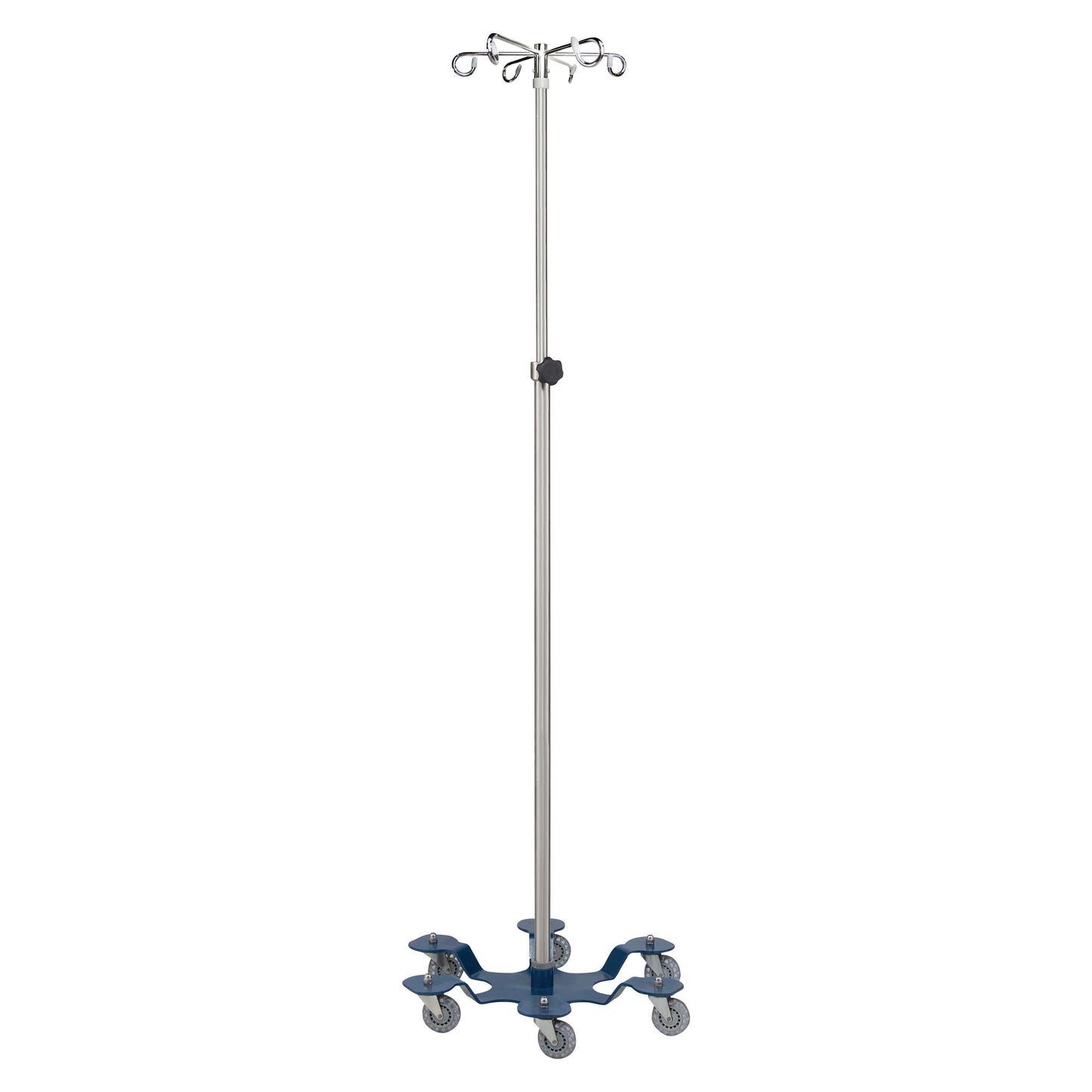 A Blickman Six-Leg IV Stand with a stainless steel pole, multiple hooks at the top, and six caster wheels on a blue base.