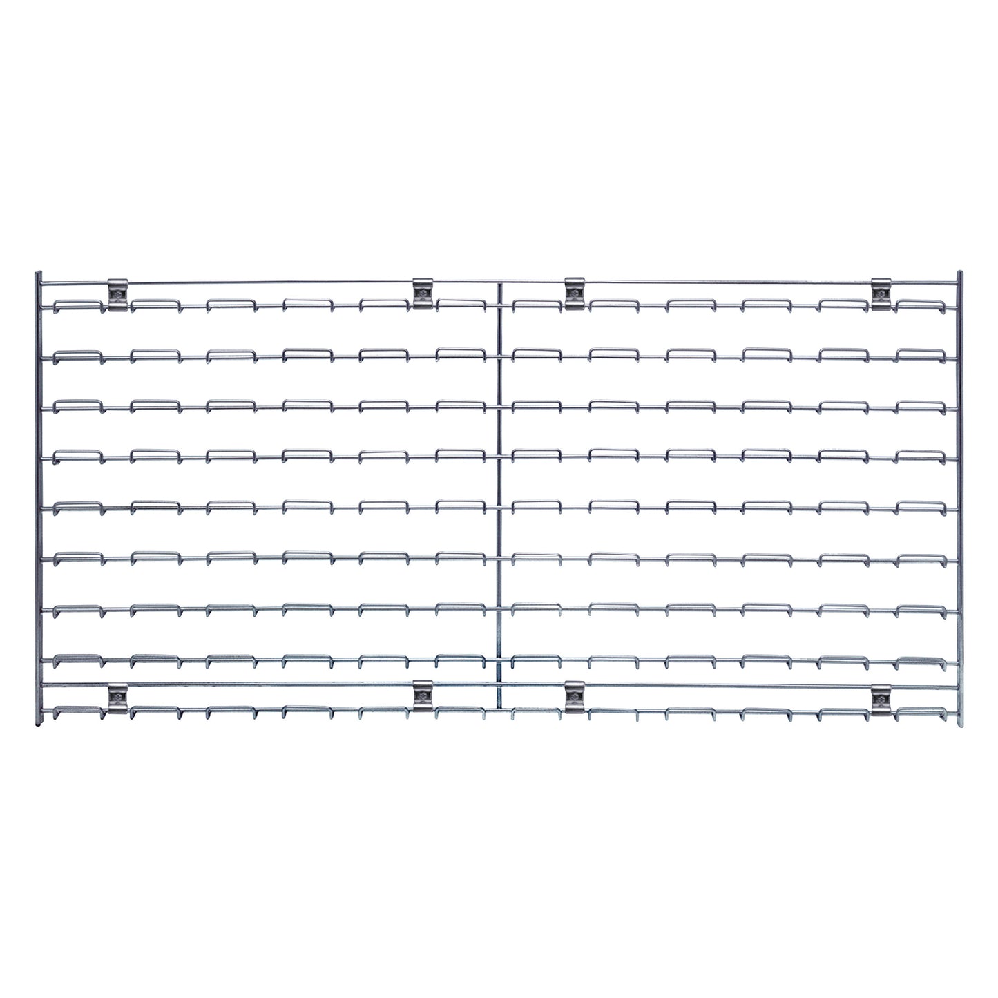 Quantum Chrome Wire Louvered Panel featuring a grid of horizontal slats and hooks, used for organizing or displaying items.