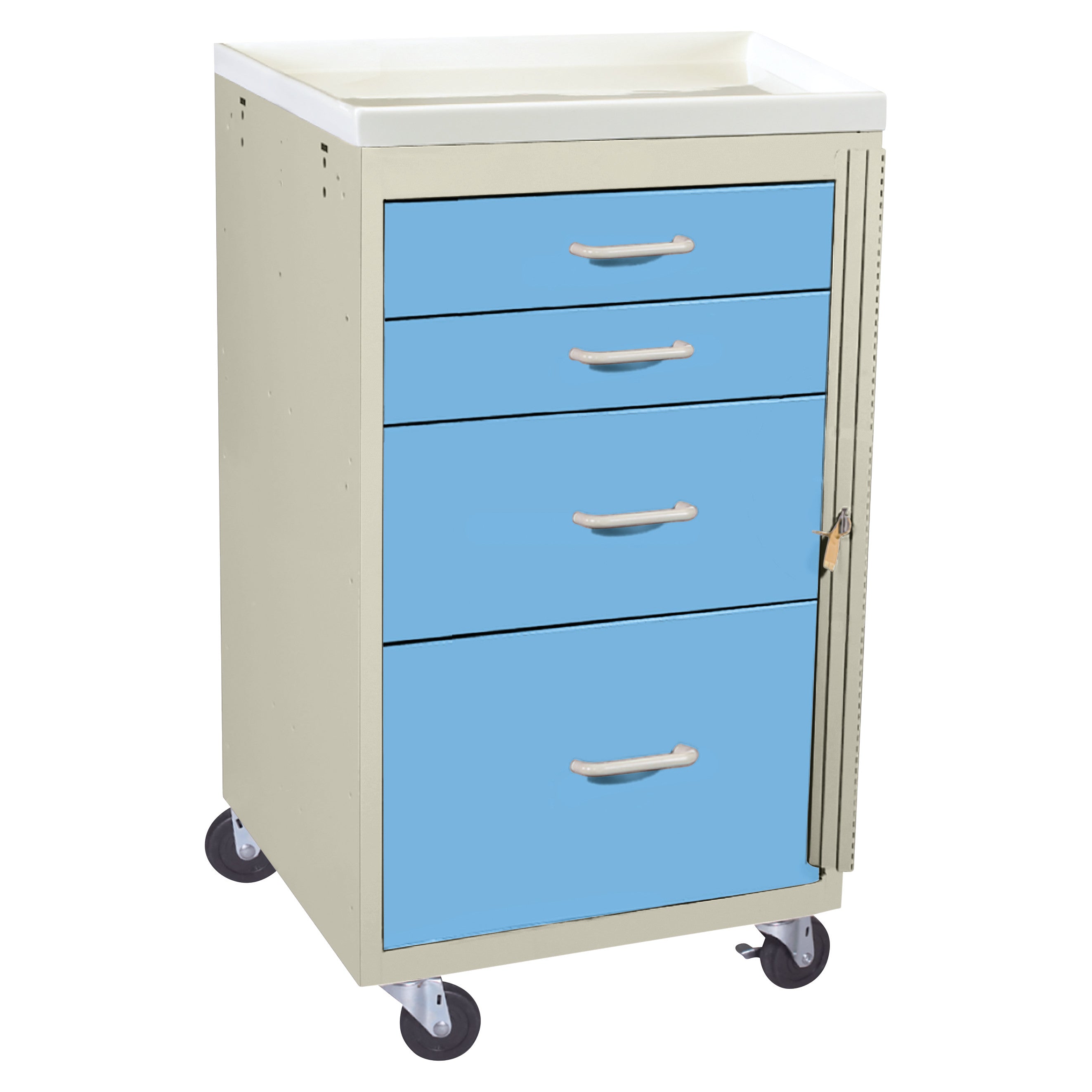 AliMed Mini Series 4-Drawer Emergency Cart with blue drawers, beige frame, and four wheels for mobility.