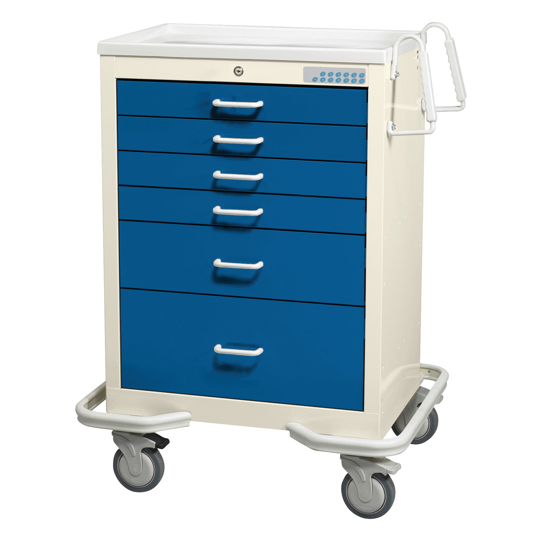 AliMed Standard Series 6-Drawer Anesthesia/Procedure Cart with Electronic Lock features blue drawers and four wheels for mobility.