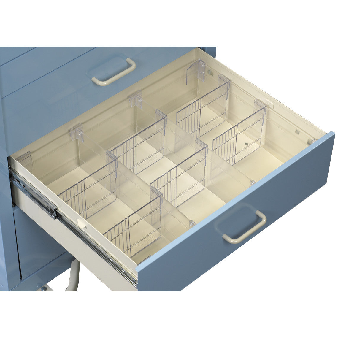 An open drawer with modular dividers, part of the AliMed Cart Accessory: Modular Drawer Divider Kit for Medical Carts.