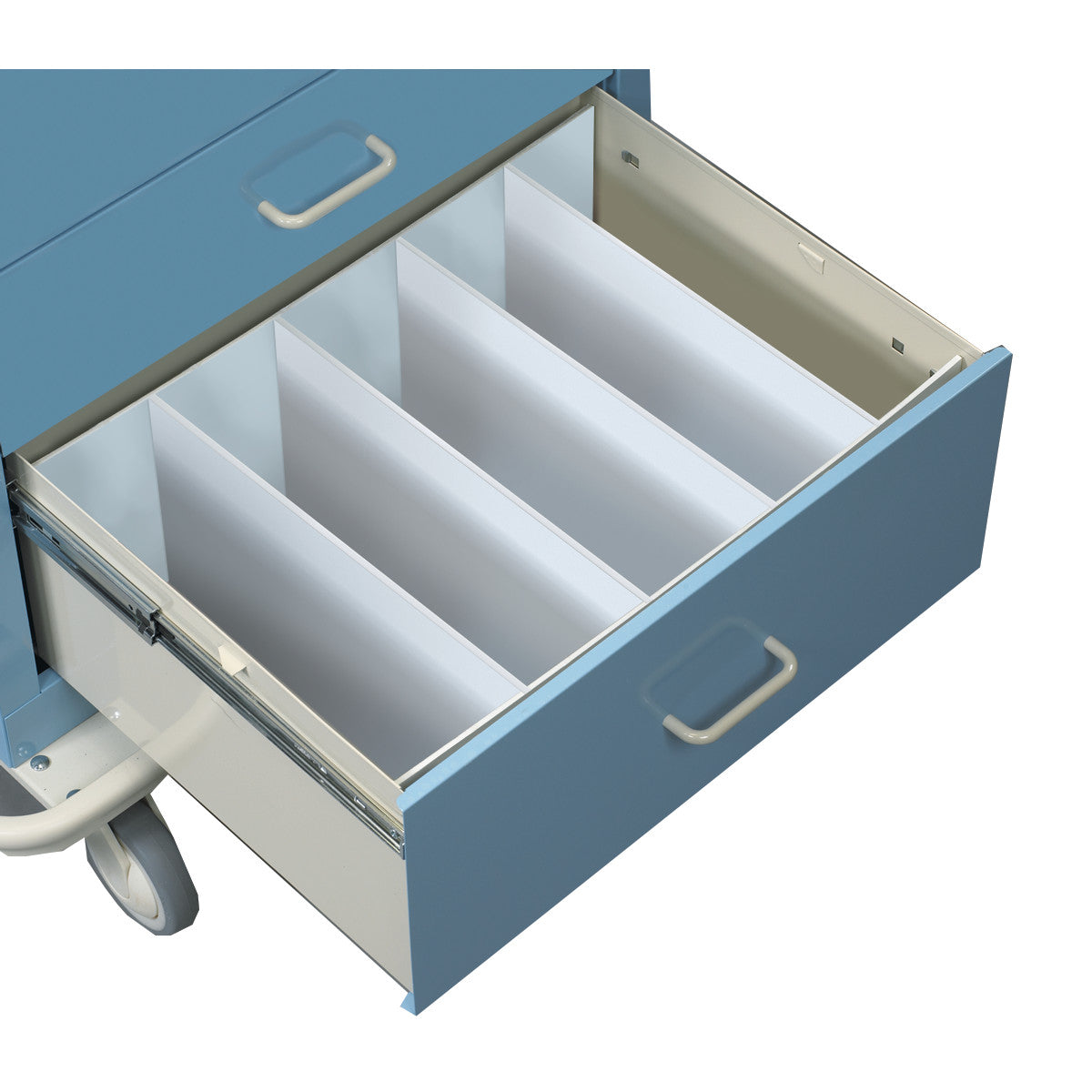 AliMed Cart Accessory: Drawer Divider Set installed in a blue medical cart drawer, divided into five sections, with wheels visible.
