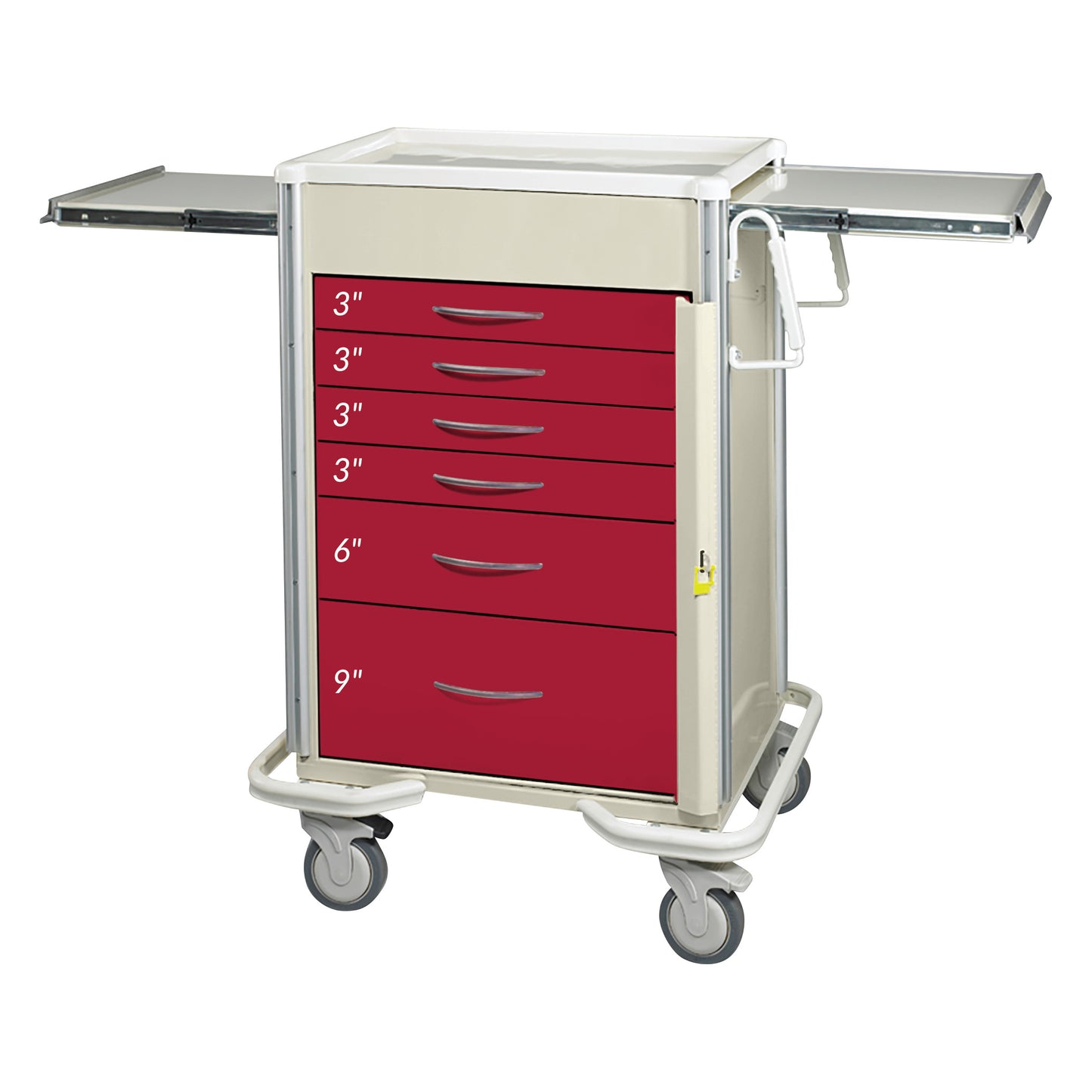 The AliMed Select Series 6-Drawer Emergency Cart has 27" of drawer space, red drawers, slide-out trays, and wheels for mobility.