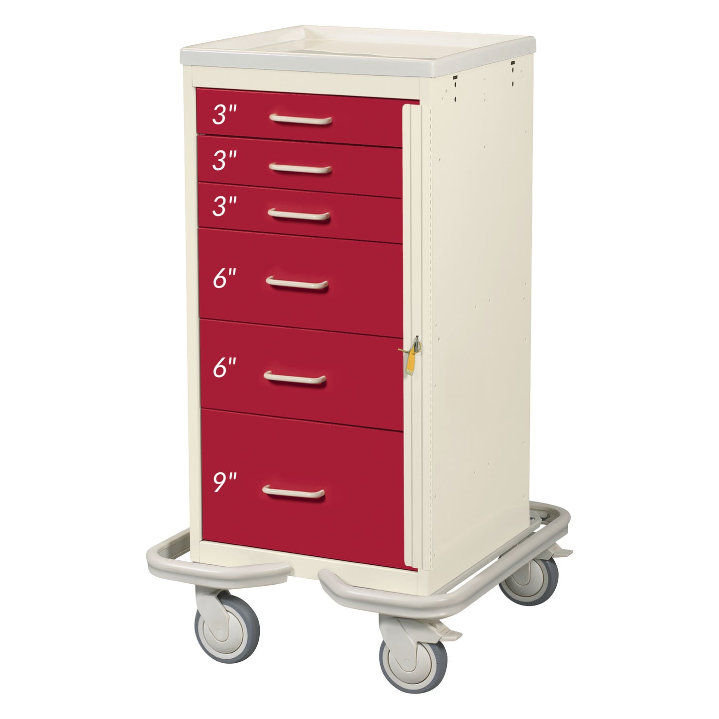 AliMed Mini Series 6-Drawer Emergency Tower Cart with red drawers of varying sizes. It has wheels and a protective bumper.