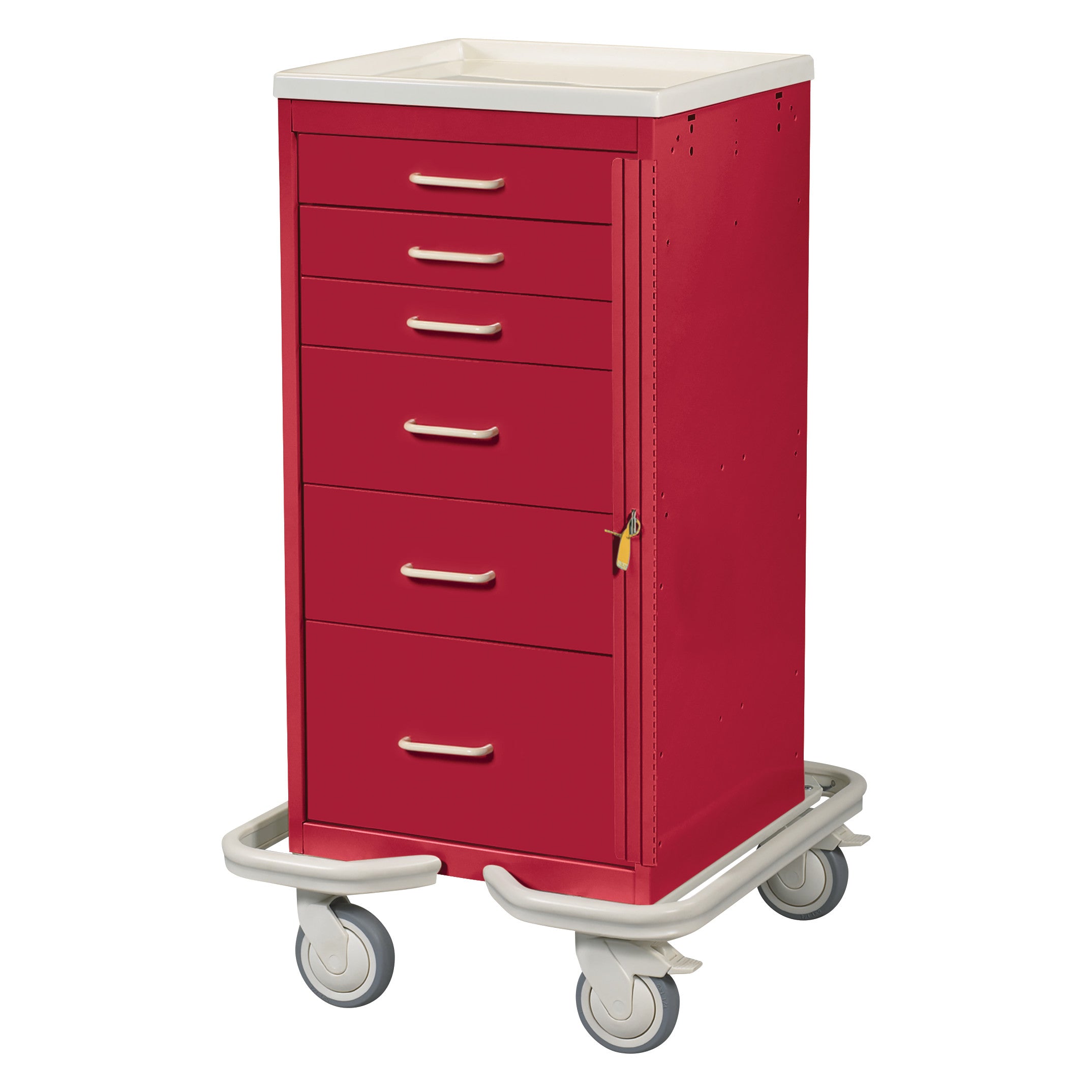 The AliMed Mini Series 6-Drawer Emergency Tower Cart is red with six drawers, a white top, and four wheels for mobility.