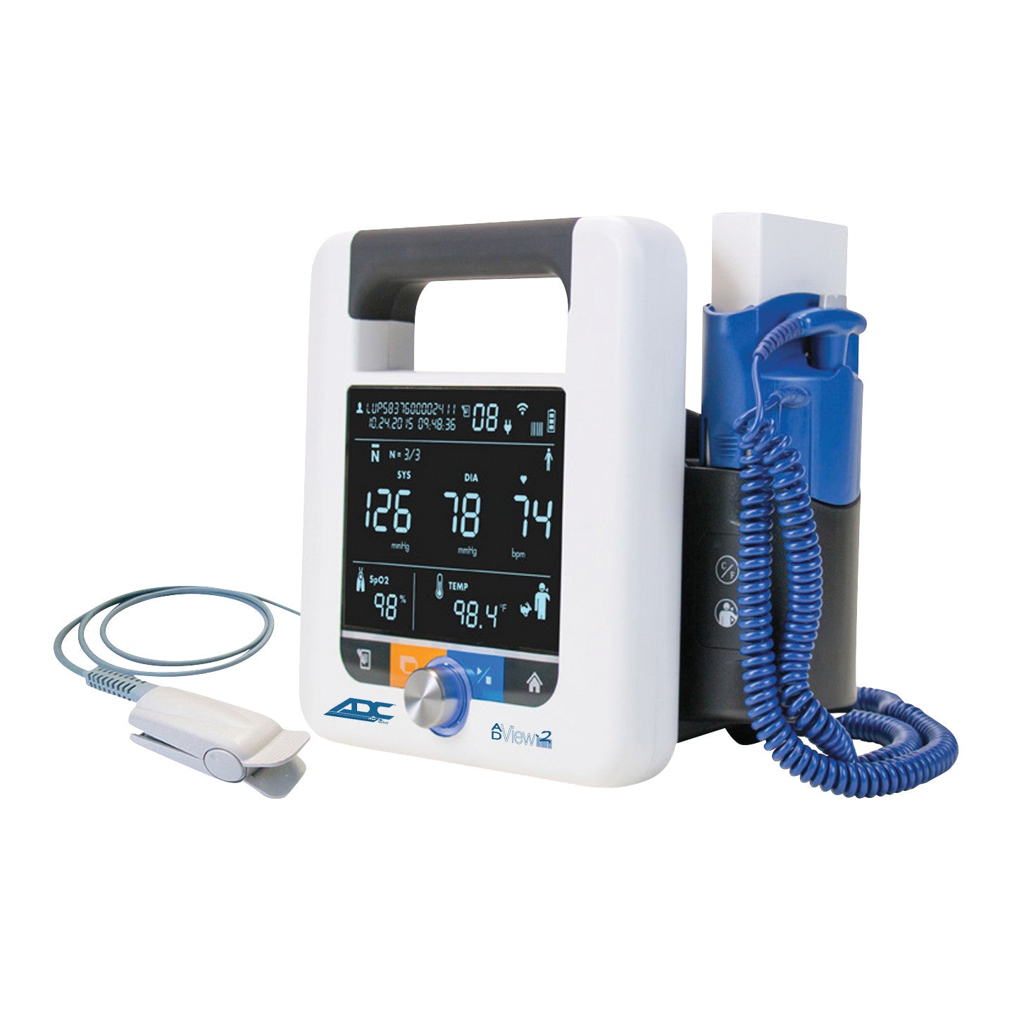 The ADC ADView 2 Modular Diagnostic Station displays blood pressure, heart rate, SpO2, and temperature, with probes attached.
