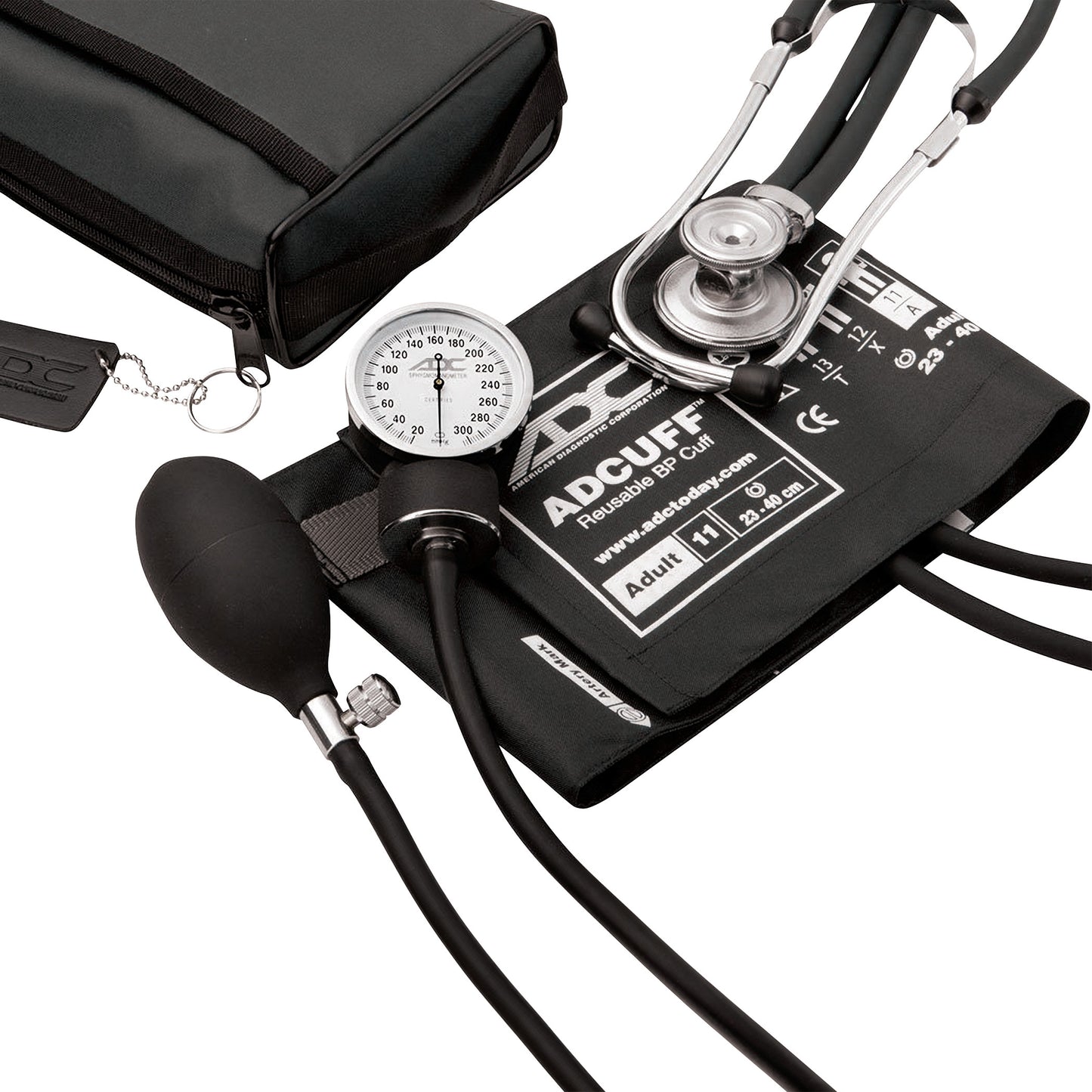 The ADC Pro's Combo II SR Pocket Aneroid/Sprague Kit includes a stethoscope, blood pressure cuff, gauge, bulb, and carrying case.