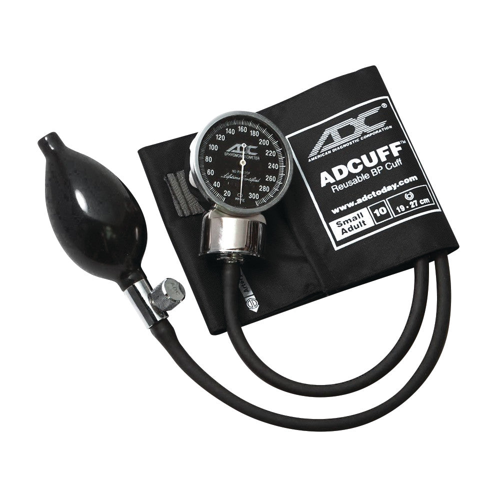 The ADC Diagnostix 700 Pocket Aneroid Sphygmomanometer features a black bulb, gauge, and reusable BP cuff for small adults.