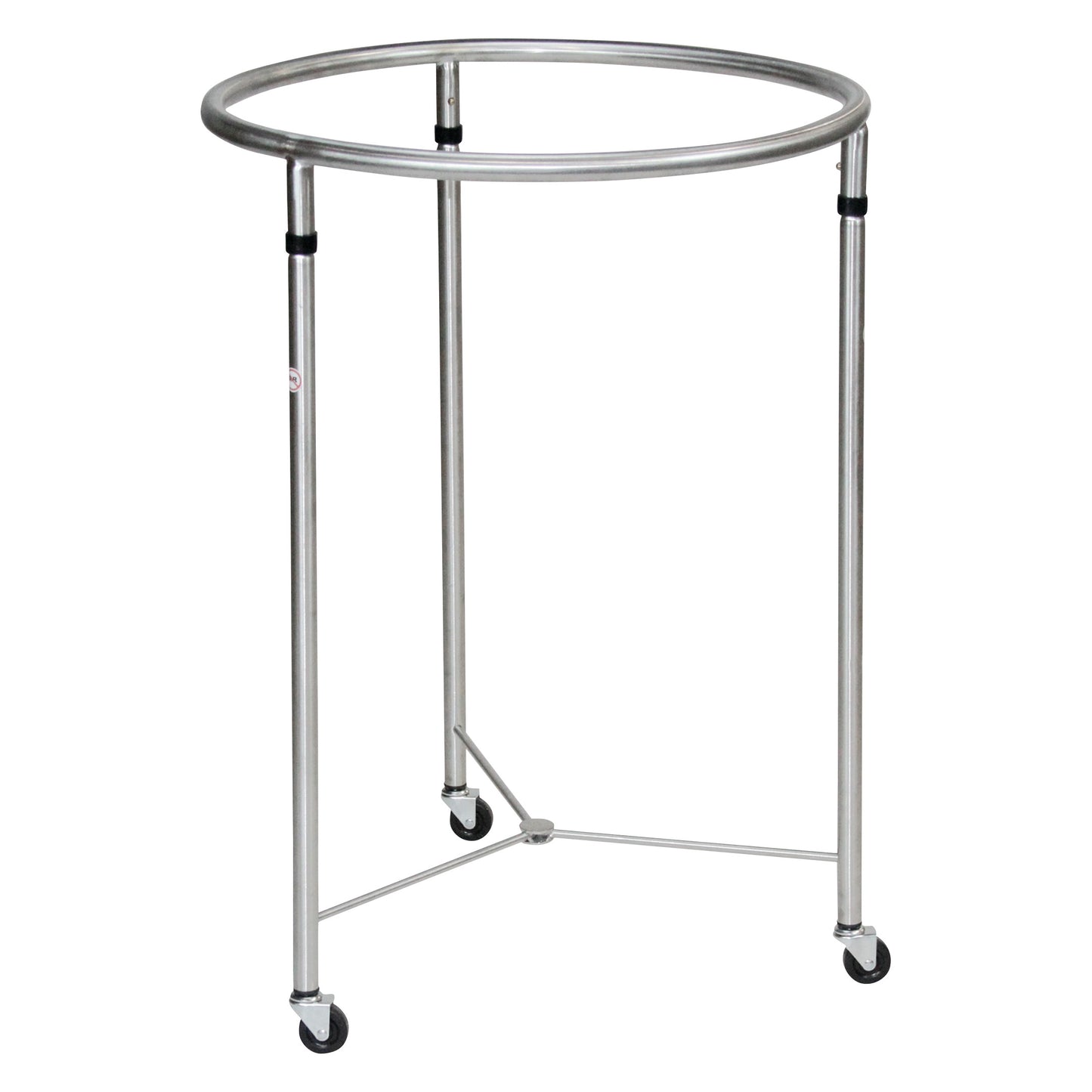 Blickman Open Round Hamper features a circular metal frame with three legs on casters for mobility, designed for holding laundry bags.