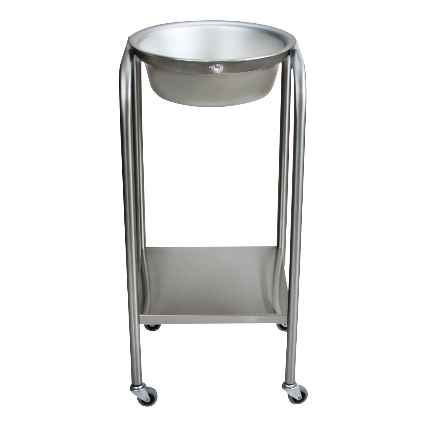 Blickman Single Basin Solution Stand with a round basin, four metal legs, and a lower metal shelf, mounted on wheels.