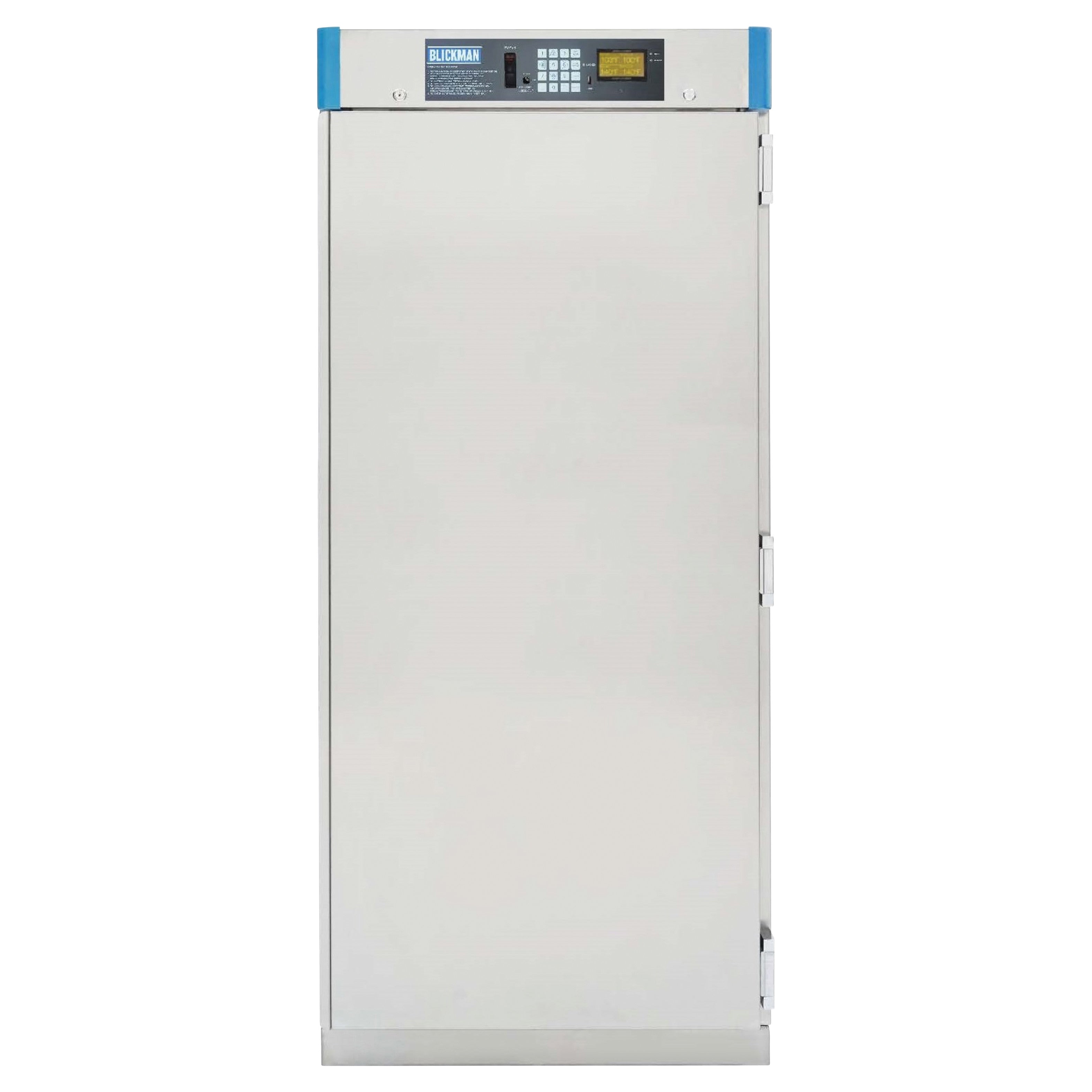 Blickman 4-Shelf Digital Warming Cabinet with a digital control panel, featuring a stainless steel door and hinges on the right side.